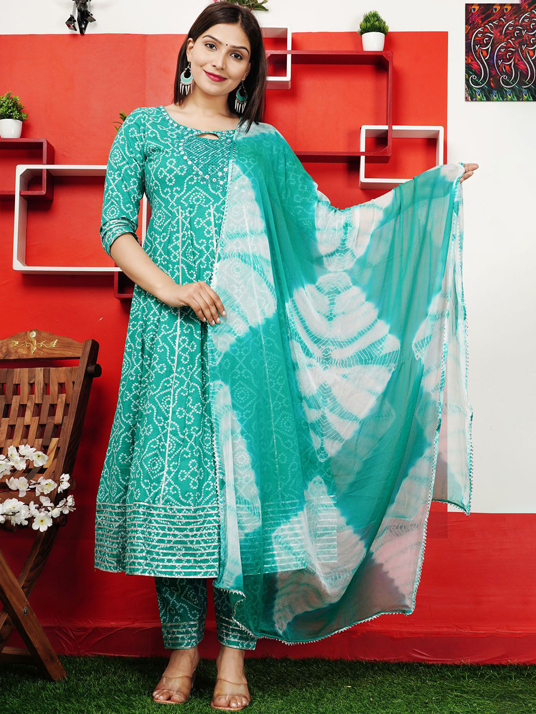 

L.H HANDICRAFTS Bandhani Printed Mirror Work Pure Cotton Kurta With Trouser And Dupatta, Green