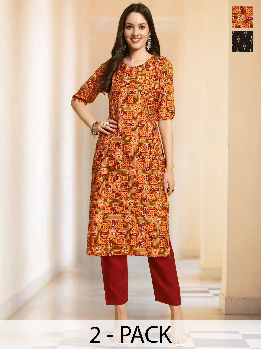 

7Threads Selection Of 2 Ethnic Motifs Printed Round Neck Straight Kurtas With Trousers, Mustard