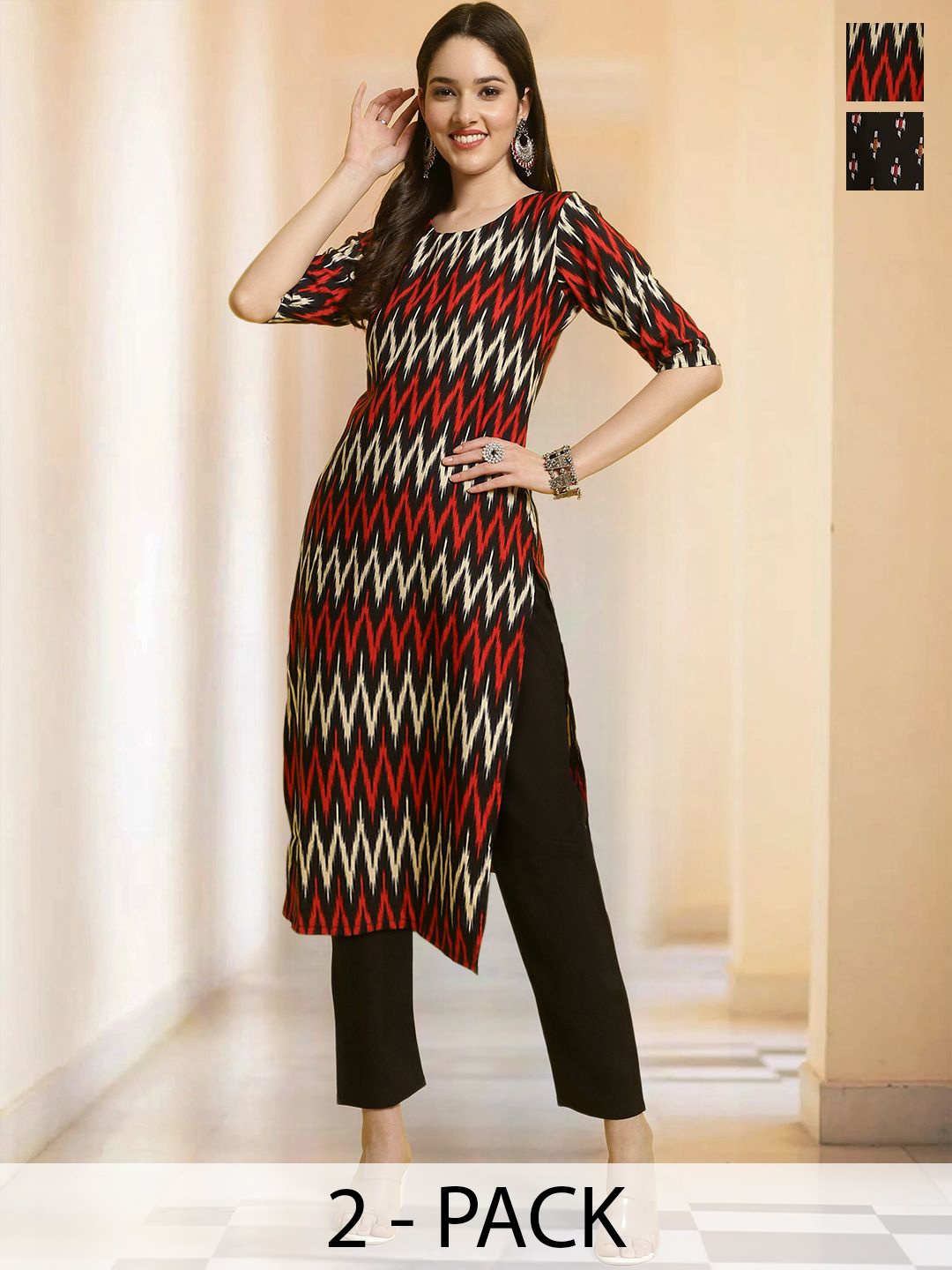 

7Threads Selection Of 2 Chevron Printed Straight Kurtas With Trousers, Black