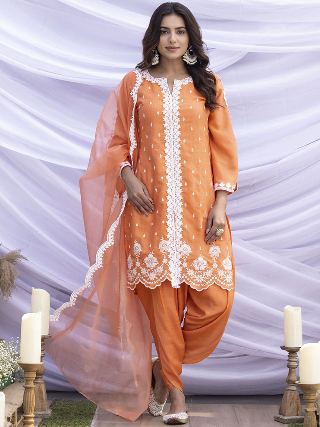 

SEW Floral Embroidered Notched Neck Pure Cotton Straight Kurta With Dhoti Pant & Dupatta, Orange