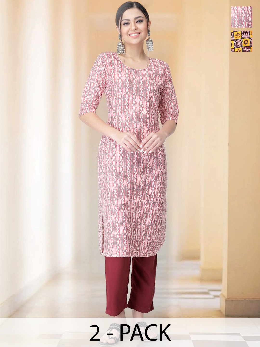 

7Threads Selection Of 2 Geometric Printed Straight Kurtas With Trousers, Pink