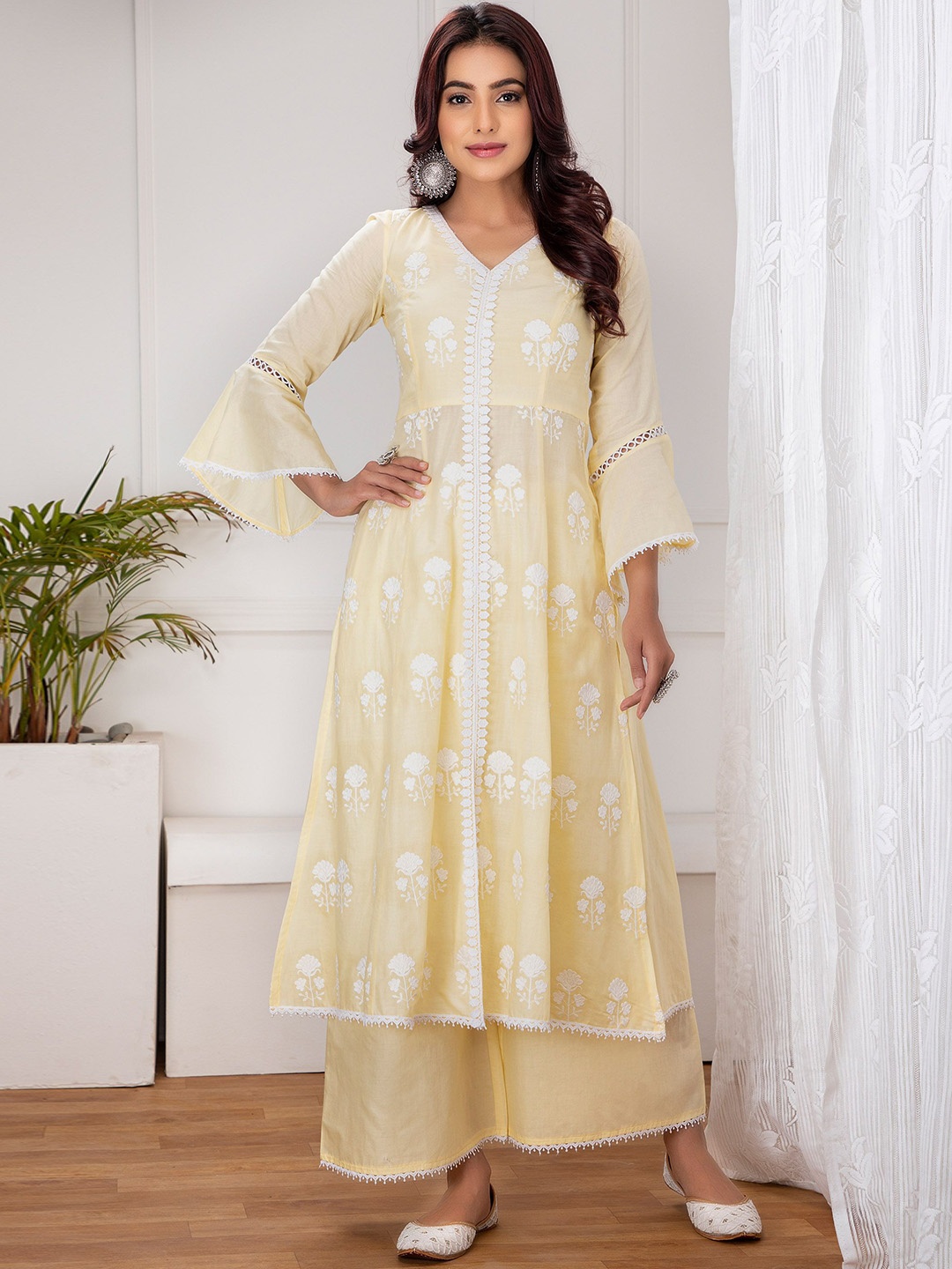 

SEW Women Floral Embroidered V-Neck Bell Sleeves Pure Cotton A-Line Kurta With Palazzos, Yellow