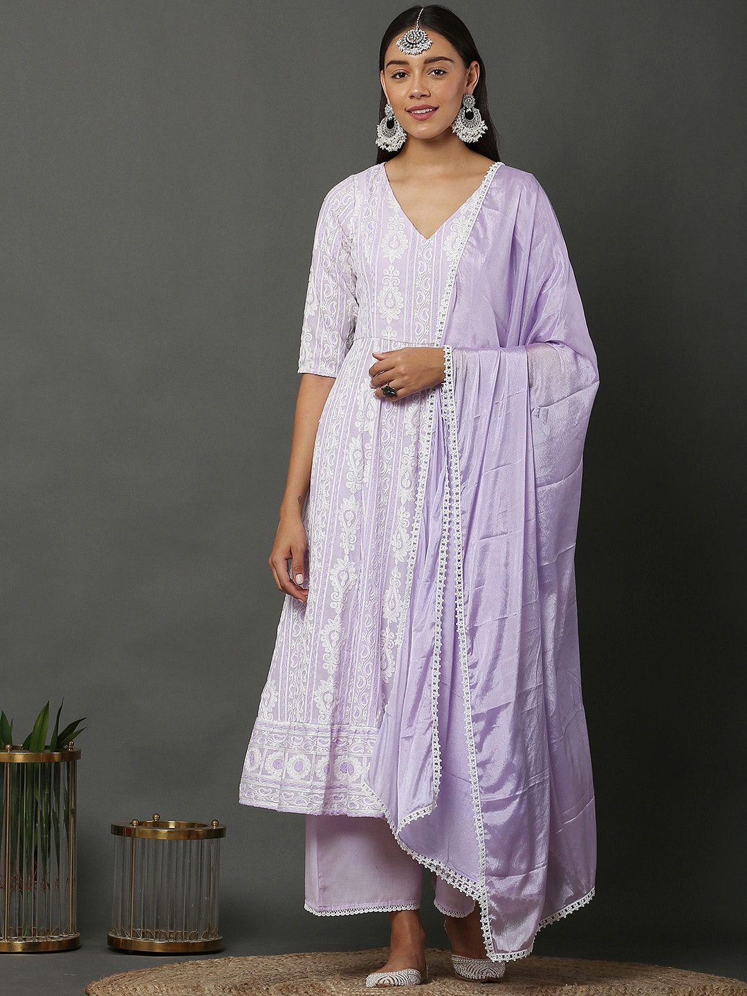 

SEW Women Floral Embroidered V-Neck Chikankari Pure Cotton Anarkali Kurta & Trousers, Lavender