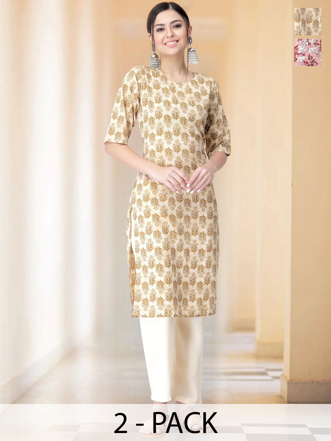 

7Threads Selection Of 2 Floral Printed Straight Kurtas With Trousers, Yellow