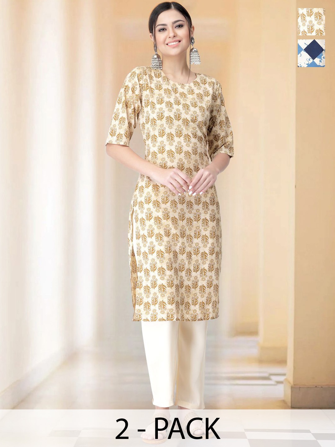 

7Threads Selection Of 2 Floral Printed Round Neck Straight Kurta With Trousers, Beige