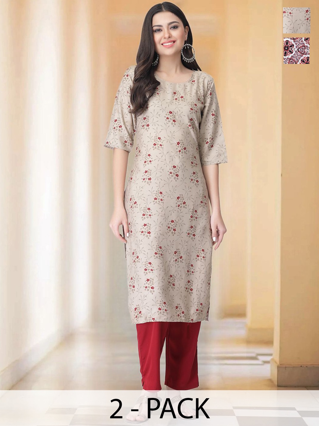 

7Threads Selection Of 2 Floral Printed Round Neck Straight Kurtas With Trousers, Beige