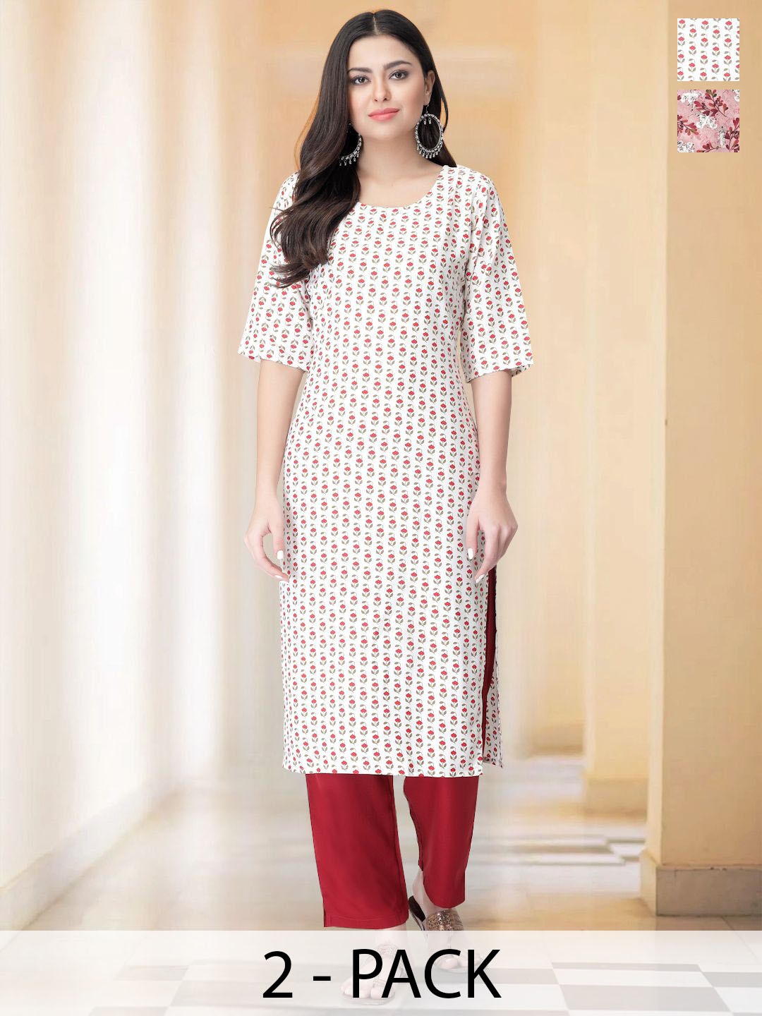 

7Threads Selection Of 2 Floral Printed Round Neck Straight Kurtas With Trousers, Red