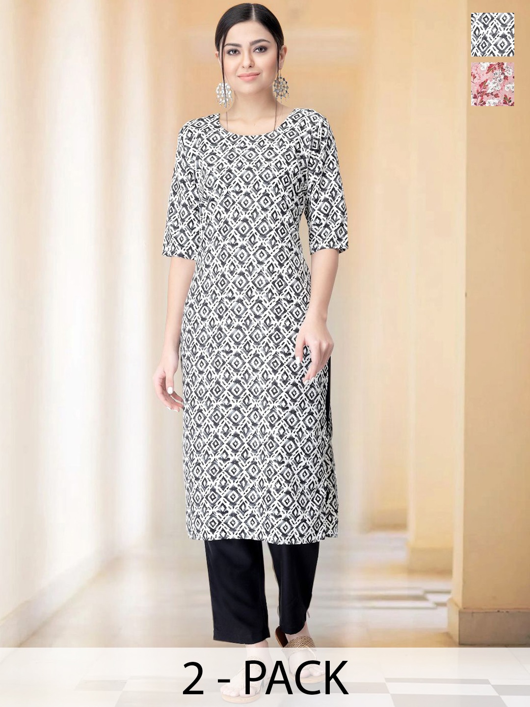 

7Threads Selection Of 2 Ethnic Motifs Printed Straight Kurtas With Trousers, Black