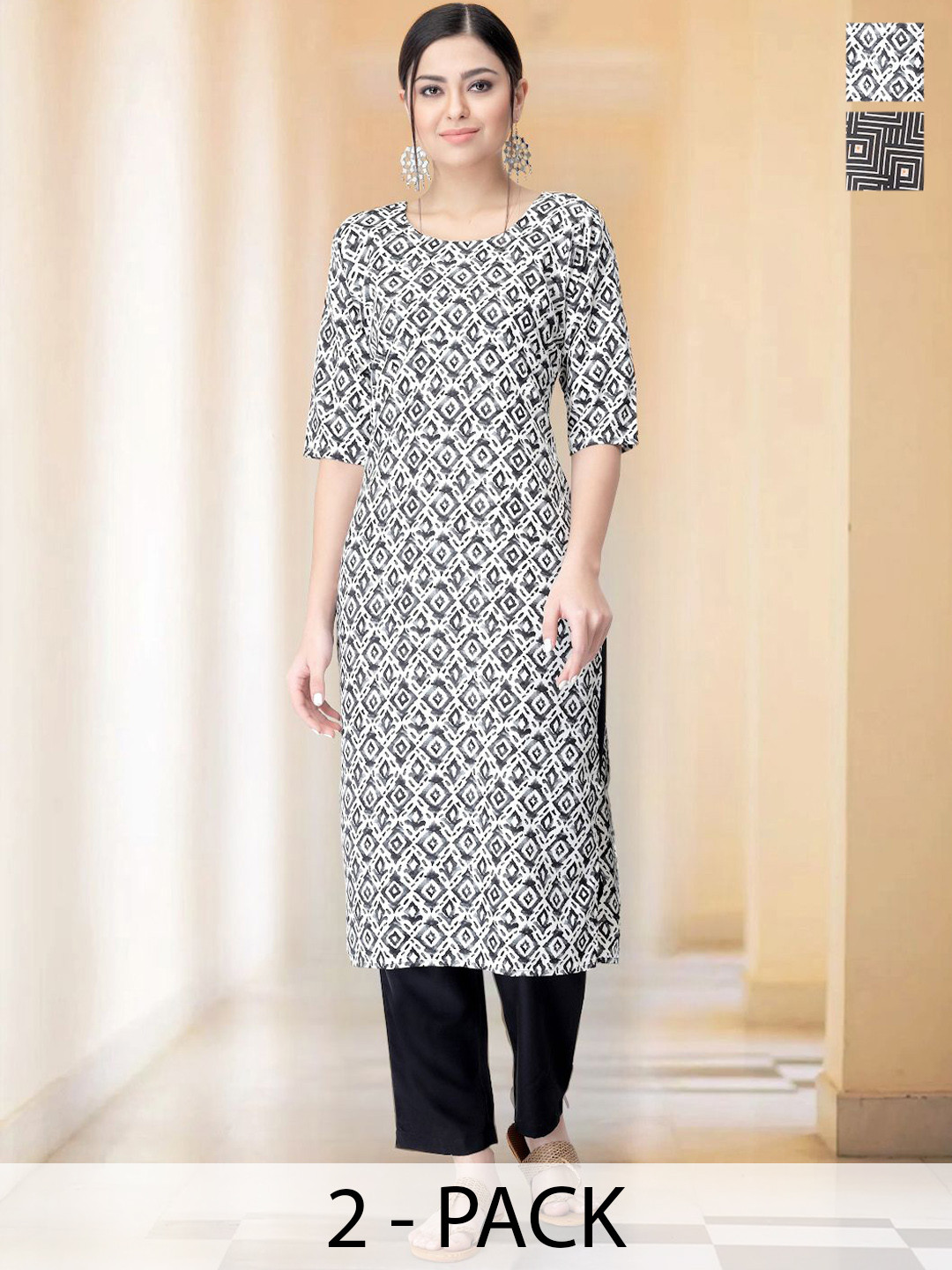

7Threads Selection Of 2 Ethnic Motifs Printed Round Neck Straight Kurta with Trousers, Black