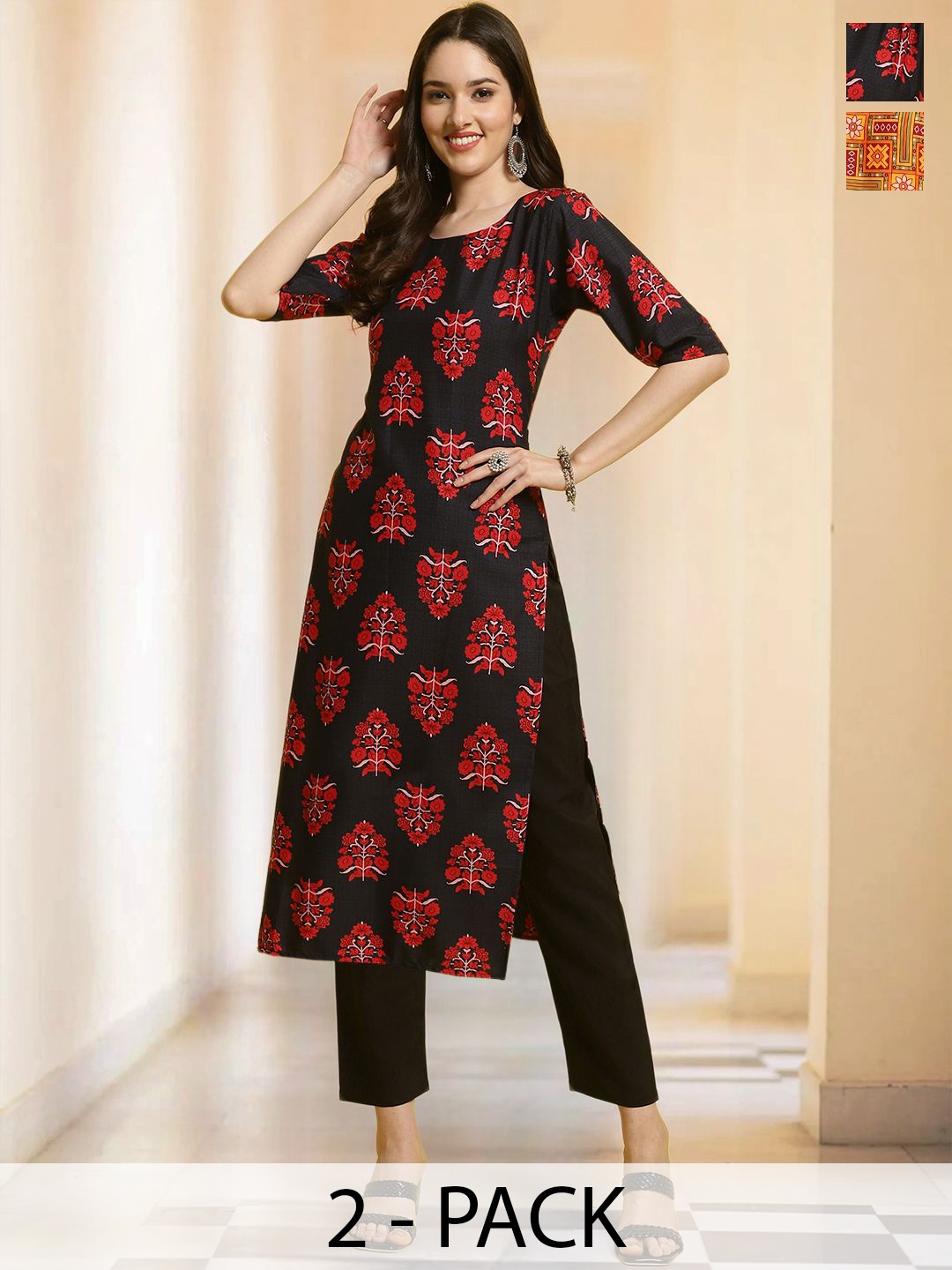 

7Threads Selection Of 2 Floral Printed Round Neck Straight Kurta With Trousers, Black