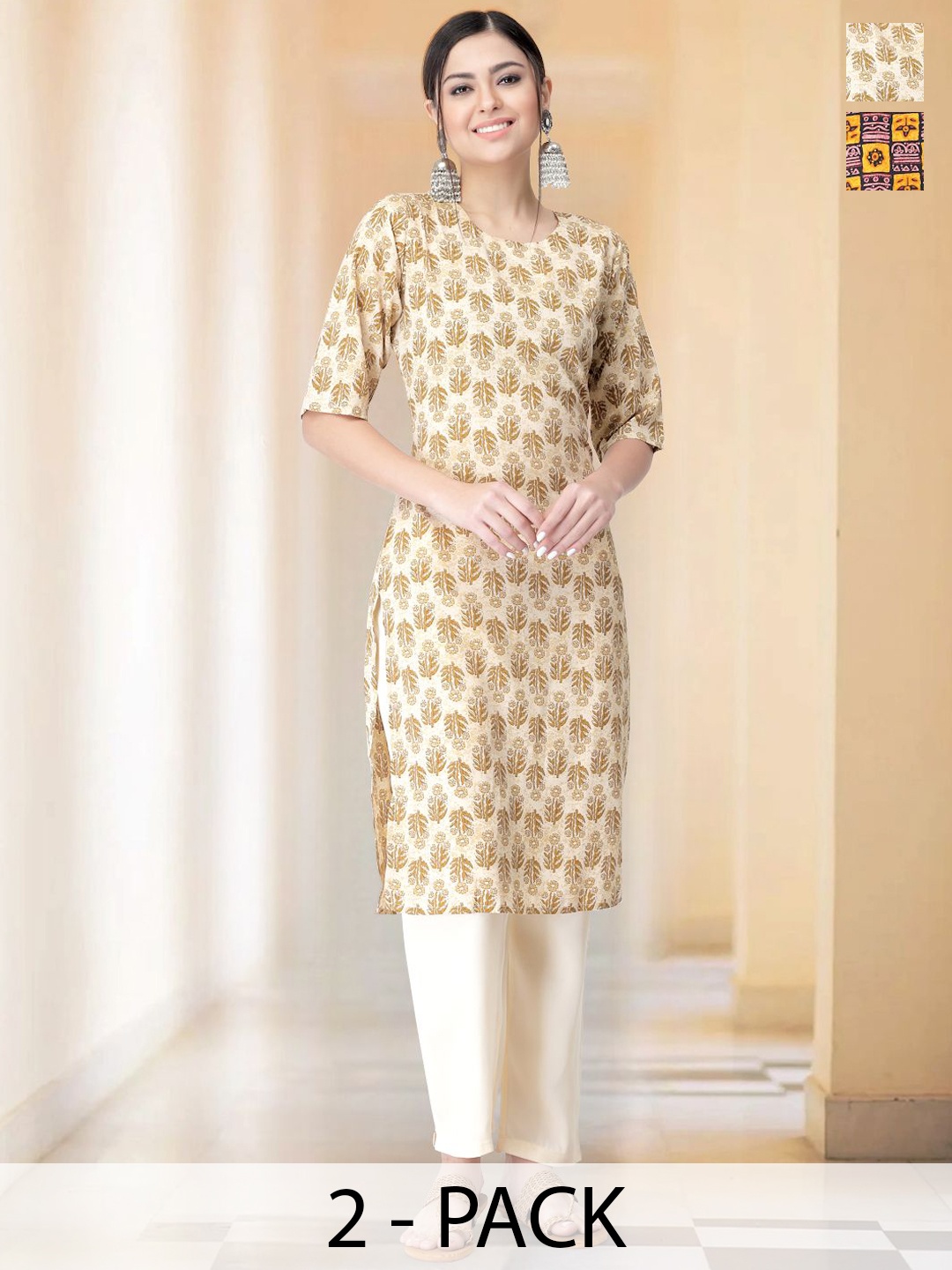

7Threads Selection Of 2 Floral Printed Round Neck Straight Kurtas With Trousers, Off white