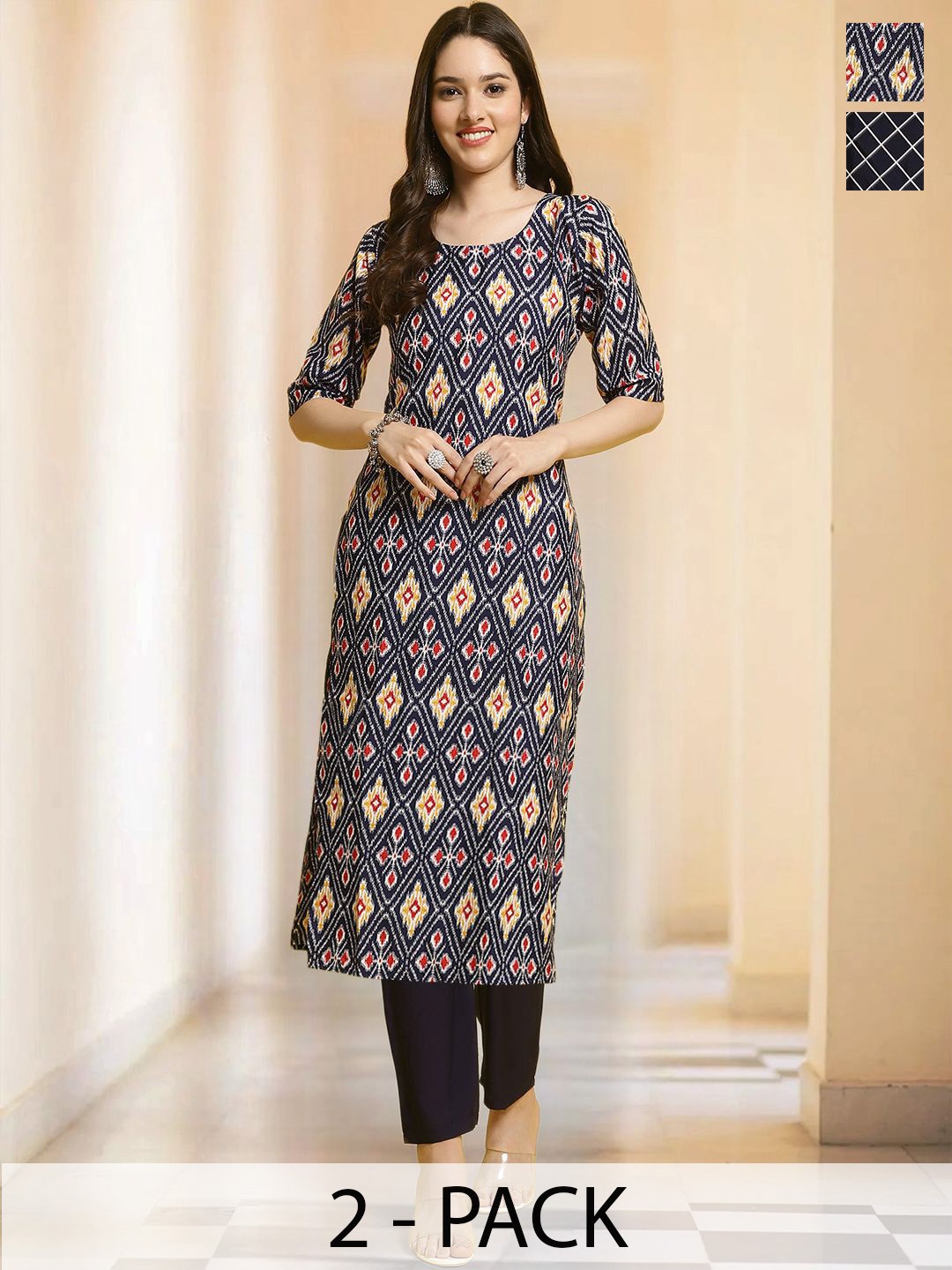 

7Threads Selection Of 2 Ethnic Motifs Printed Straight Kurtas With Trousers, Black