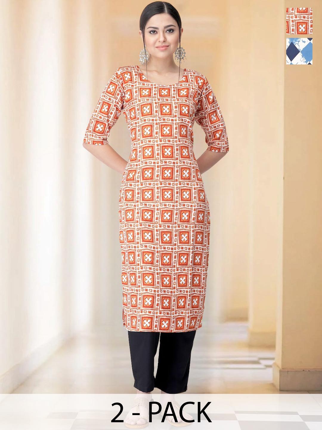 

7Threads Selection Of 2 Abstract Printed Round Neck Straight Kurta With Trousers, Orange