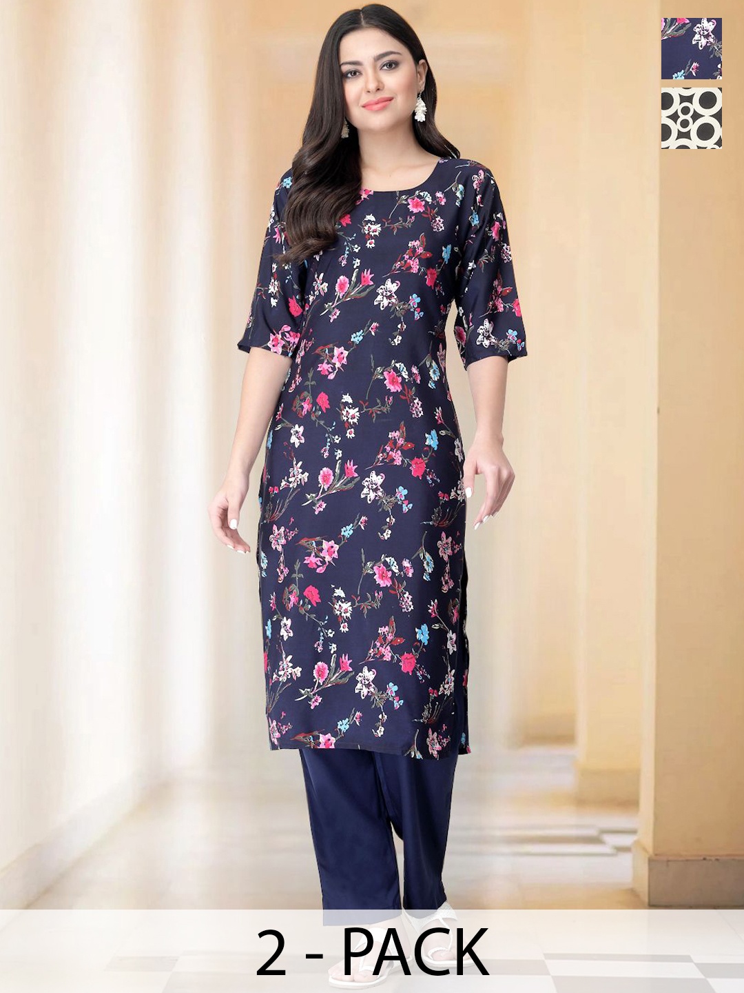 

7Threads Selection Of 2 Floral Printed Round Neck Straight Kurta with Trousers, Navy blue