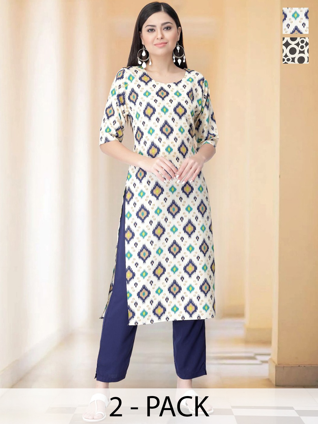 

7Threads Selection Of 2 Ethnic Motifs Printed Round Neck Straight Kurtas With Trousers, White