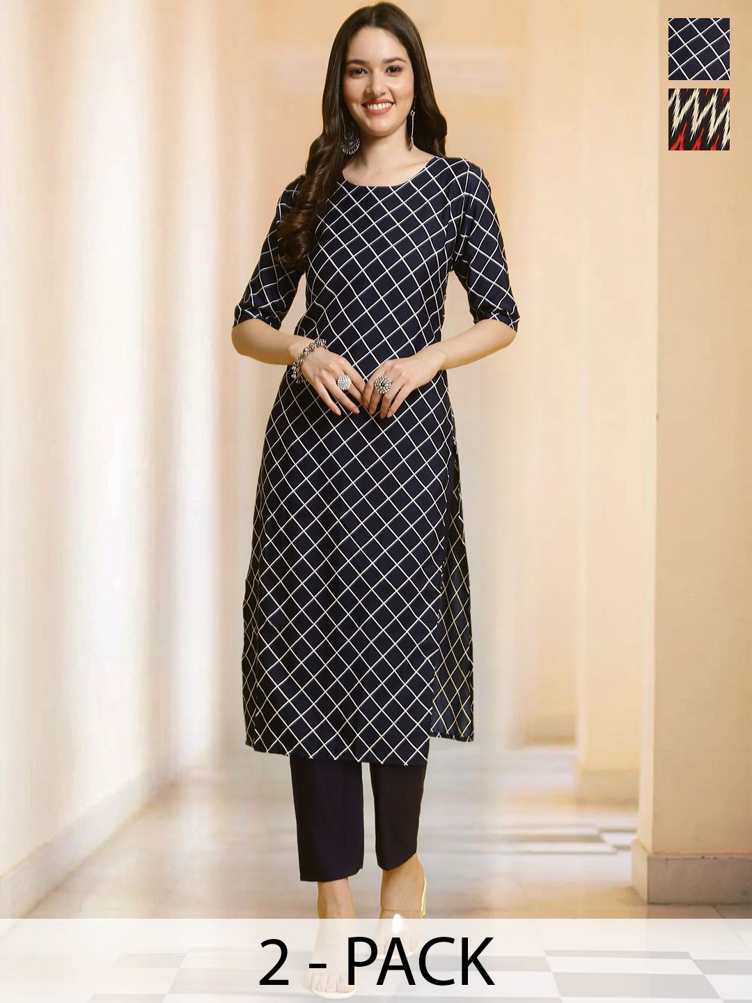

7Threads Selection Of 2 Checked Round Neck Straight Kurtas With Trousers, Black