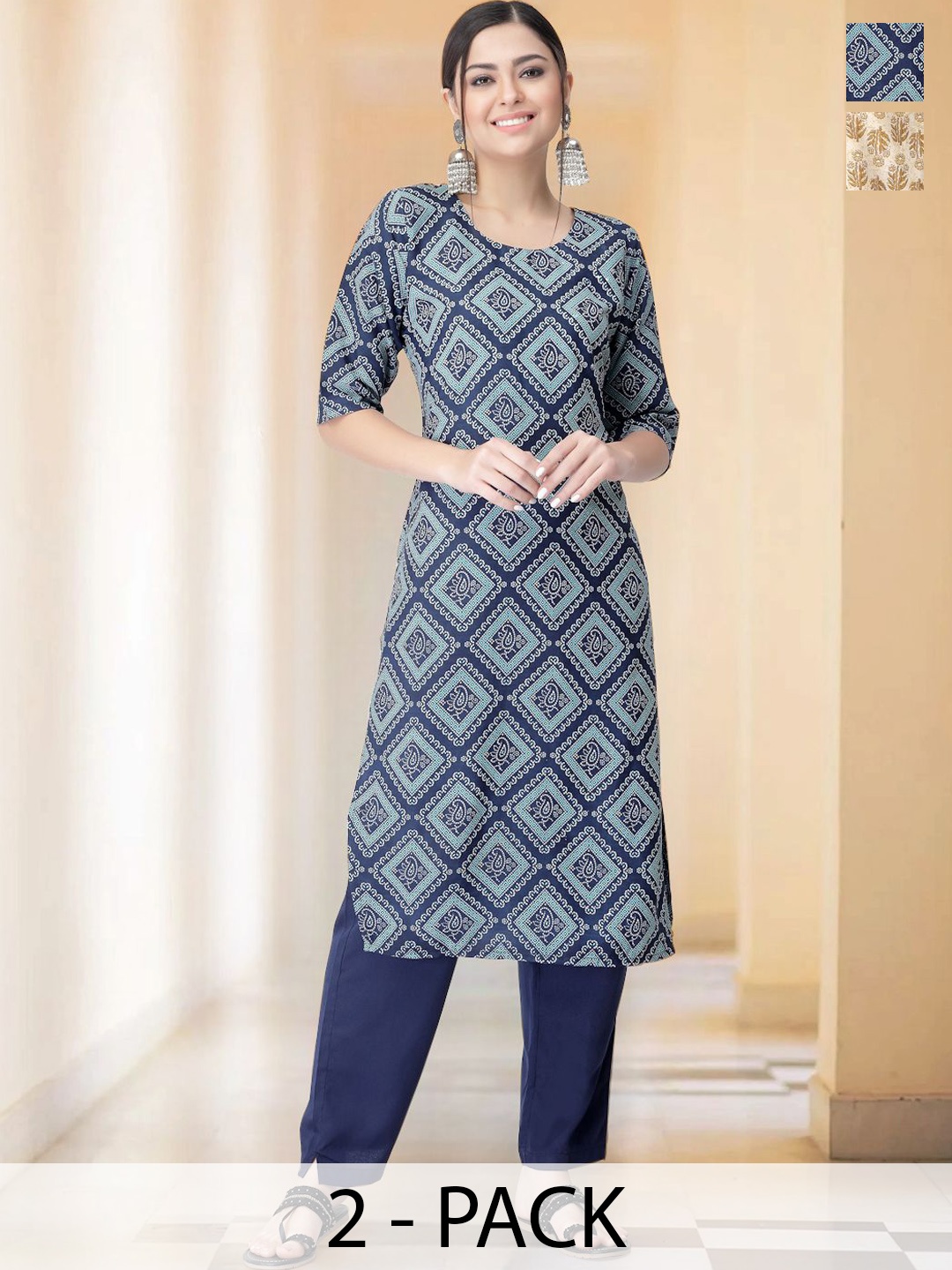 

7Threads Selection Of 2 Geometric Printed Round Neck Straight Kurta With Trousers, Navy blue