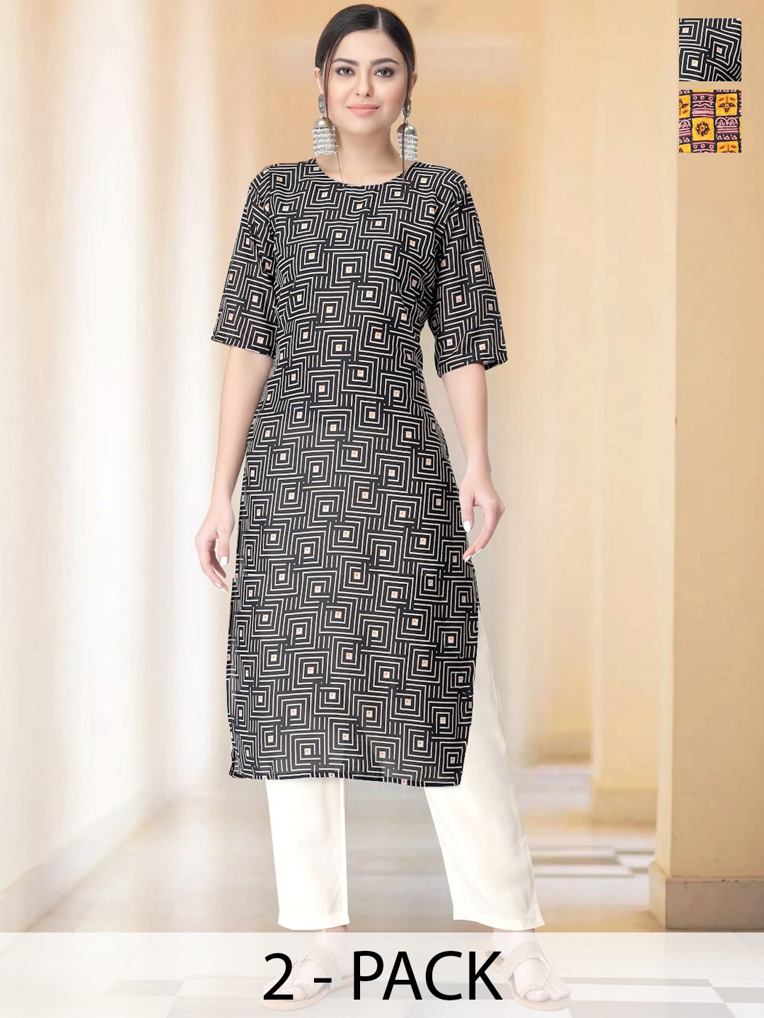 

7Threads Selection Of 2 Geometric Printed Round Neck Straight Kurta With Trousers, Black