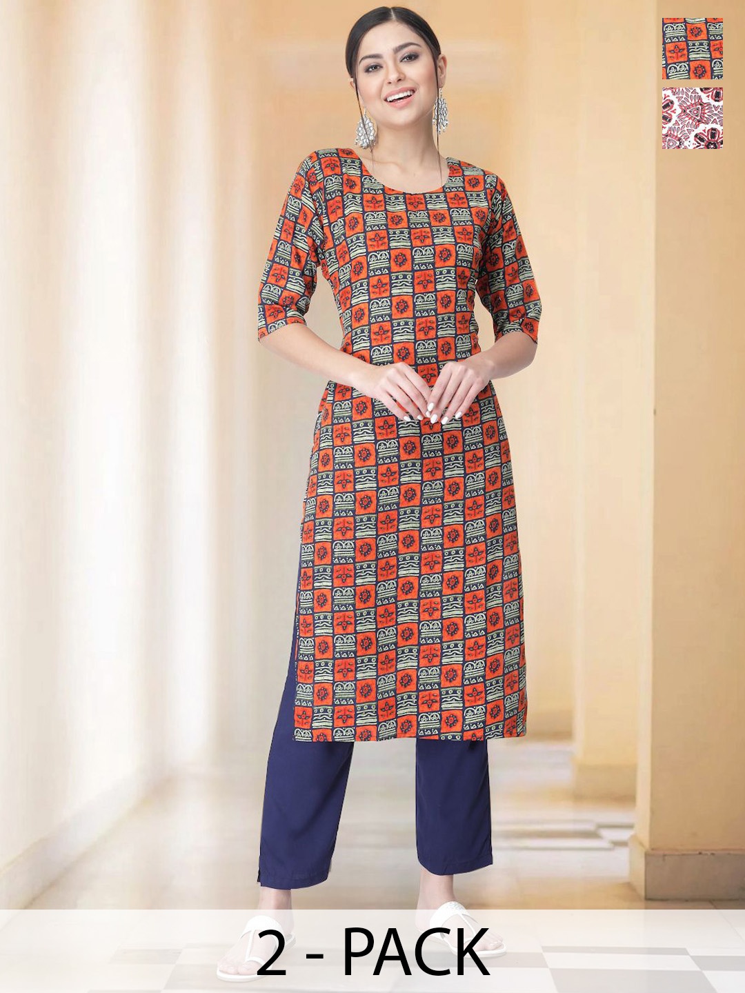 

7Threads Selection Of 2 Geometric Printed Round Neck Straight Kurtas With Trousers, Orange