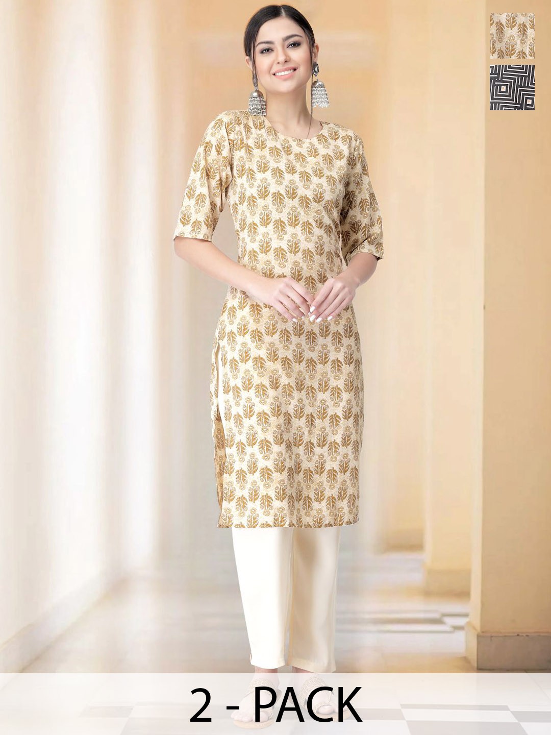 

7Threads Selection Of 2 Floral Printed Straight Kurtas With Trousers, Yellow