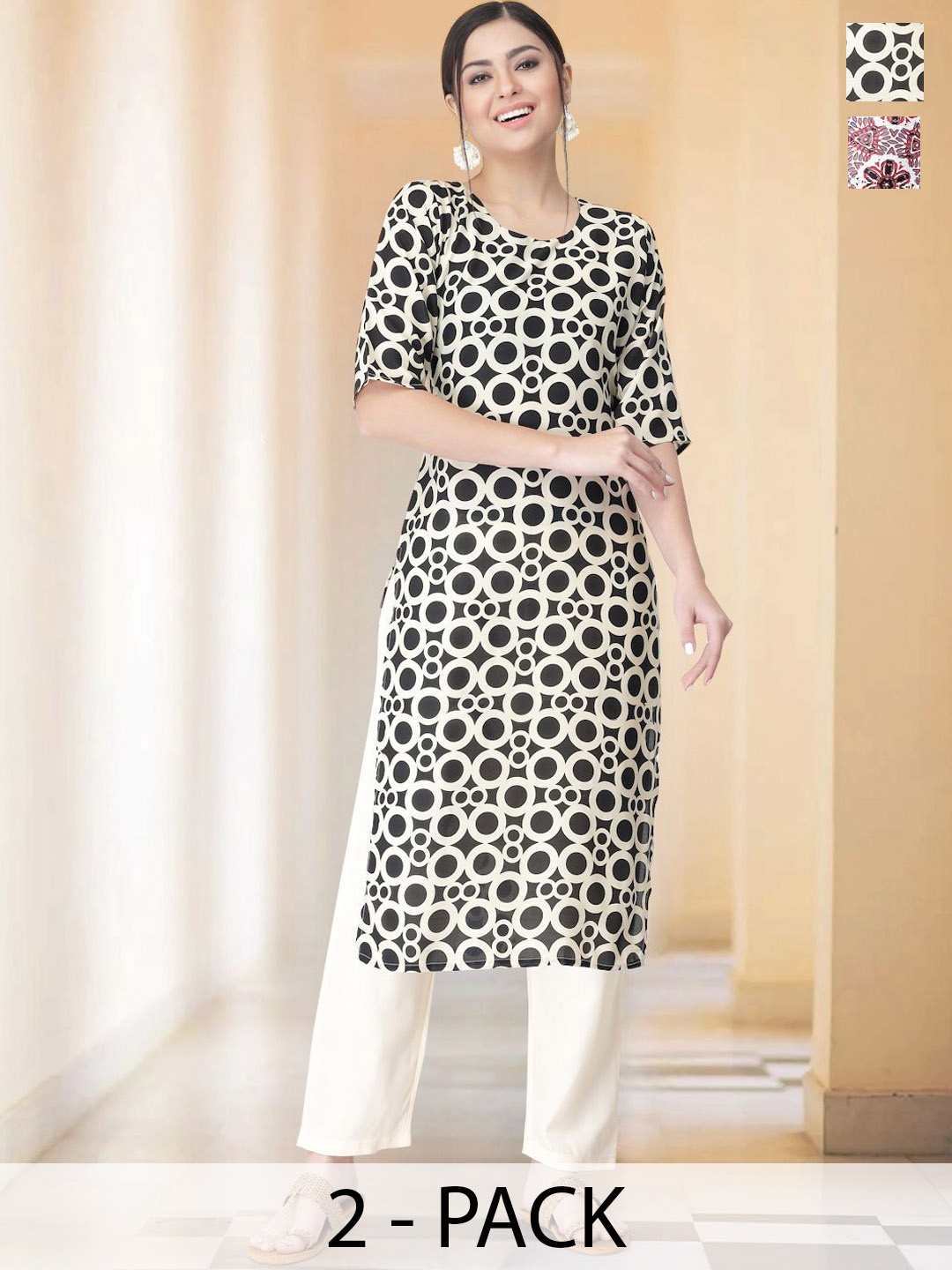 

7Threads Selection Of 2 Geometric Printed Round Neck Straight Kurtas With Trousers, Black