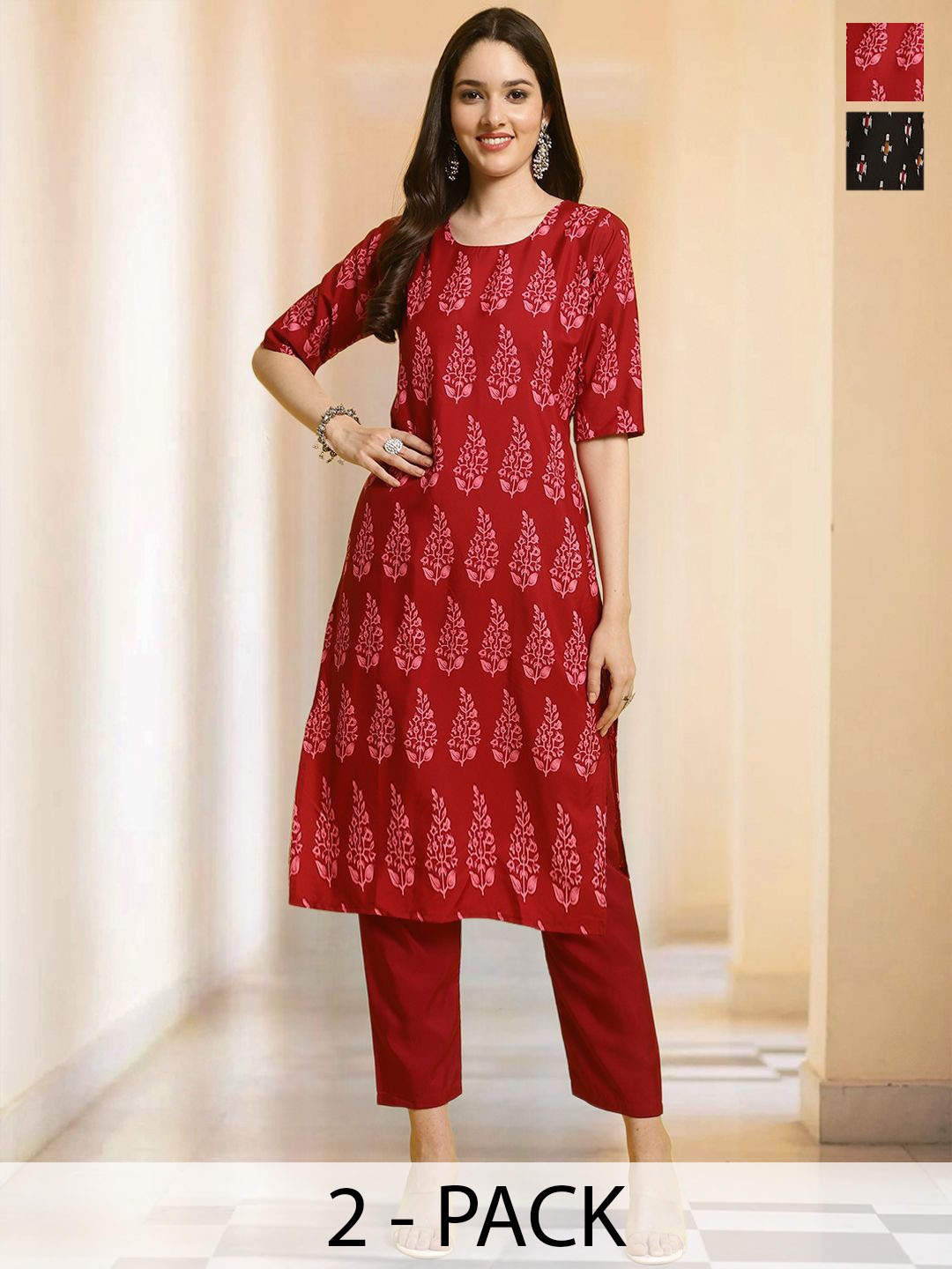 

7Threads Selection Of 2 Floral Printed Straight Kurtas With Trousers, Red