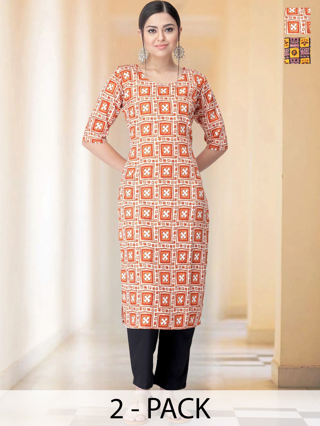 

7Threads Selection Of 2 Geometric Printed Round Neck Straight Kurtas With Trousers, Orange