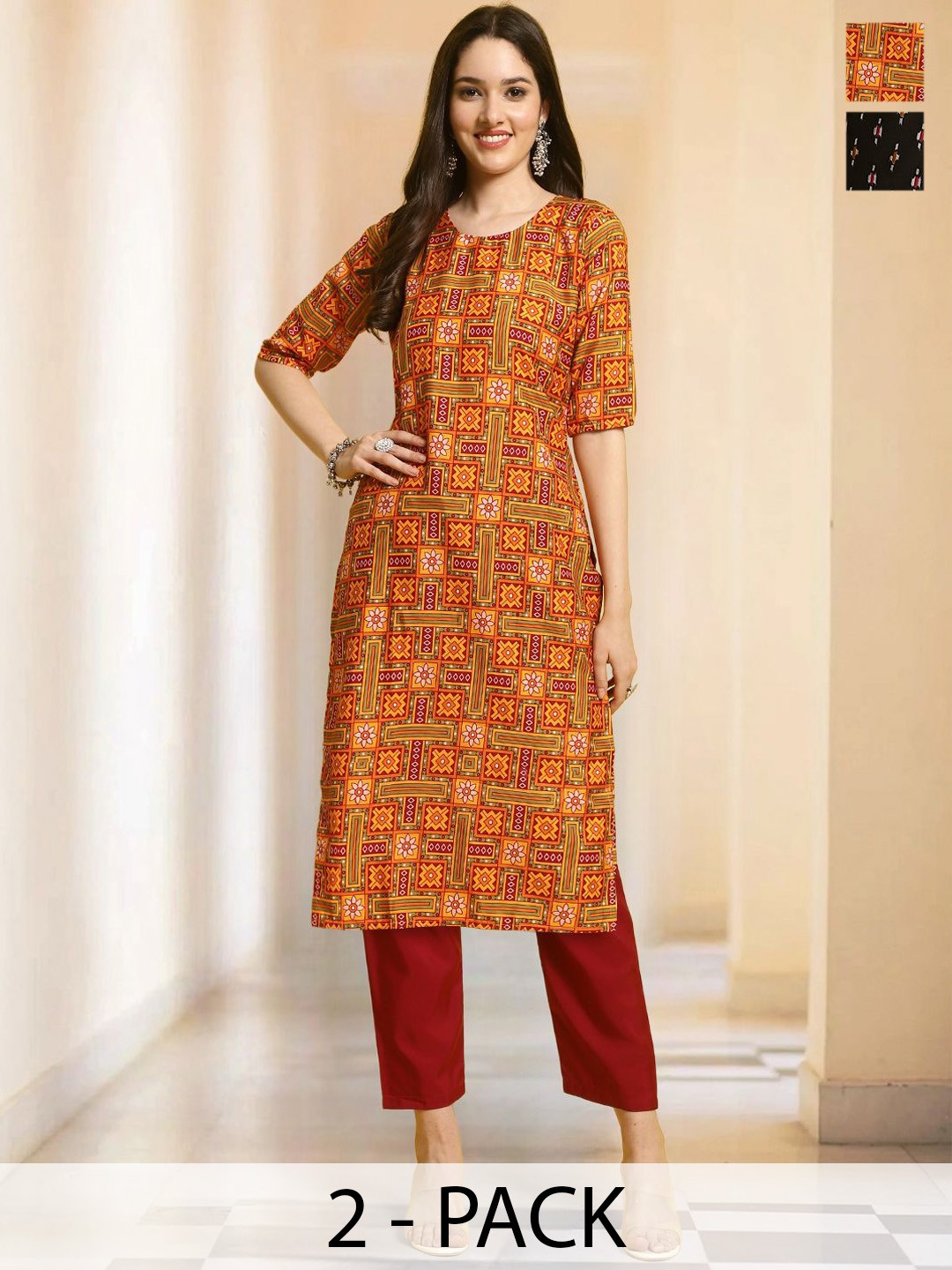 

7Threads Selection Of 2 Geometric Printed Straight Kurtas With Trousers, Orange