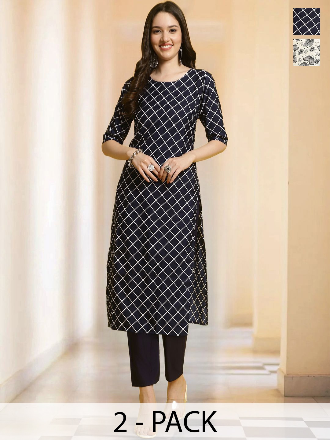 

7Threads Selection Of 2 Geometric Printed Round Neck Straight Kurta With Trousers, Black