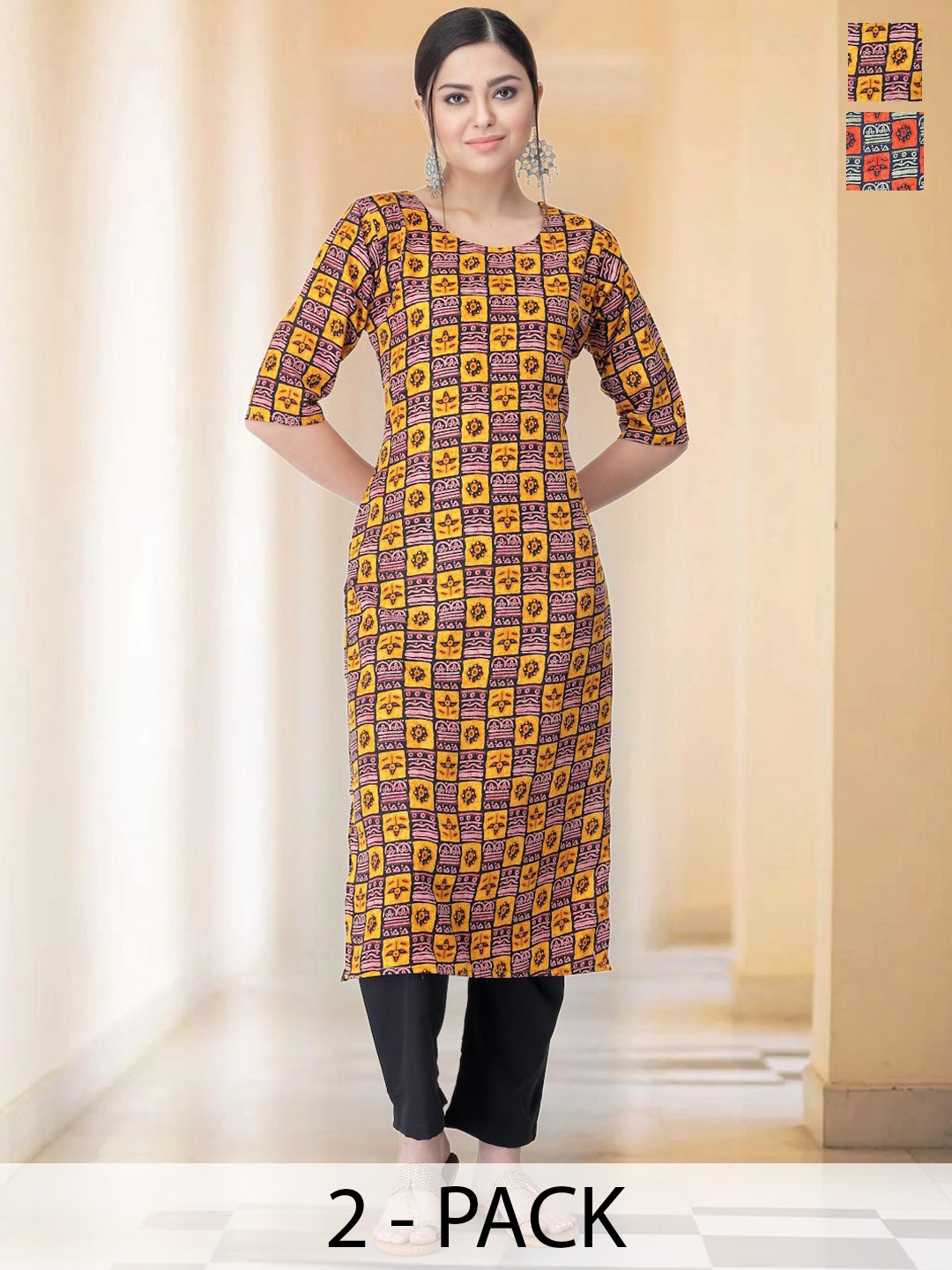 

7Threads Selection Of 2 Geomteric Printed Round Neck Straight Kurtas With Trousers, Yellow