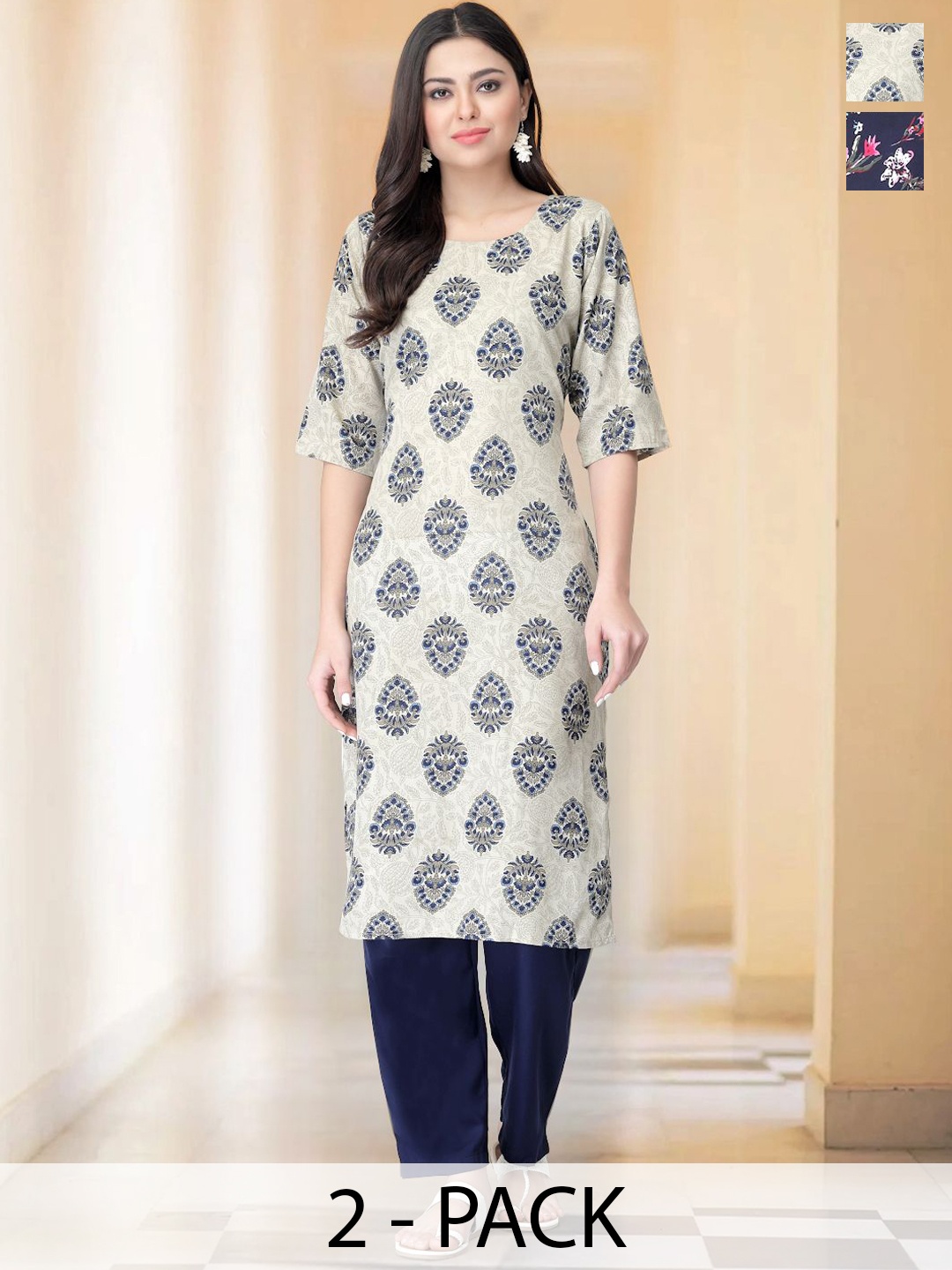 

7Threads Selection Of 2 Ethnic Motifs Printed Round Neck Straight Kurta with Trousers, Navy blue