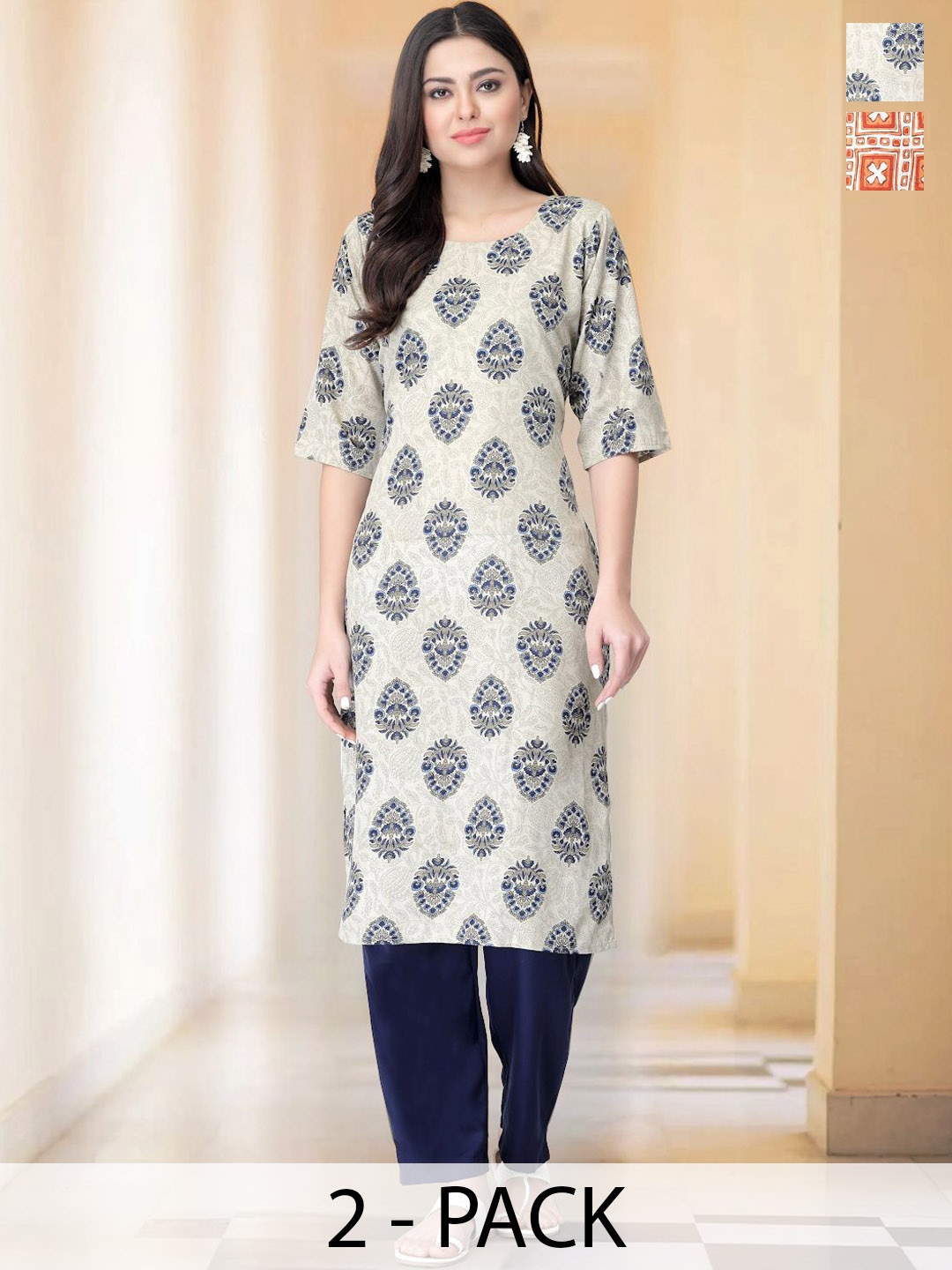 

7Threads Selection of 2 Ethnic Motifs Printed Round Neck Straight Kurtas with Trousers, Beige