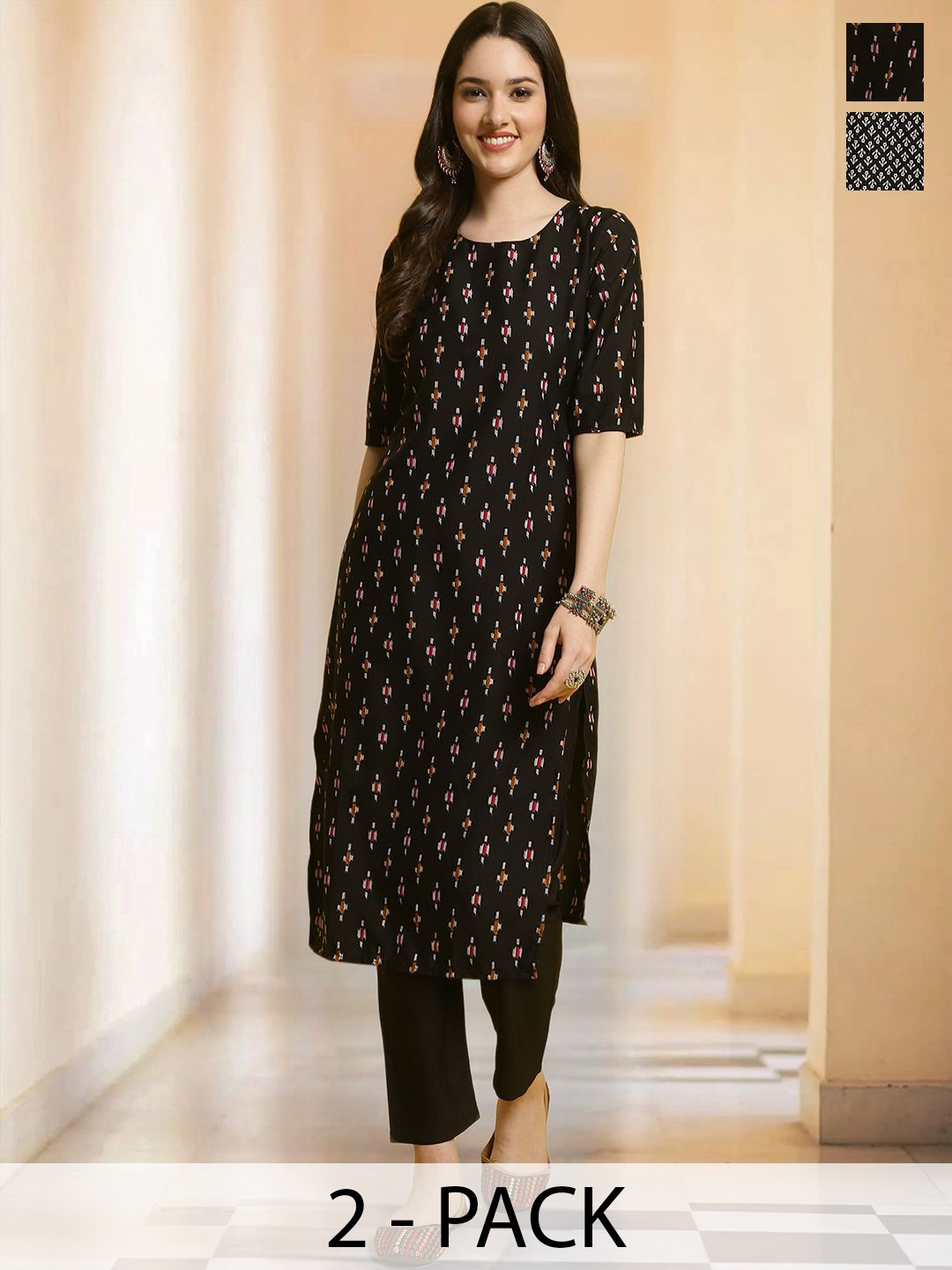 

7Threads Selection Of 2 Ethnic Motifs Printed Round Neck Straight Kurtas With Trousers, Black