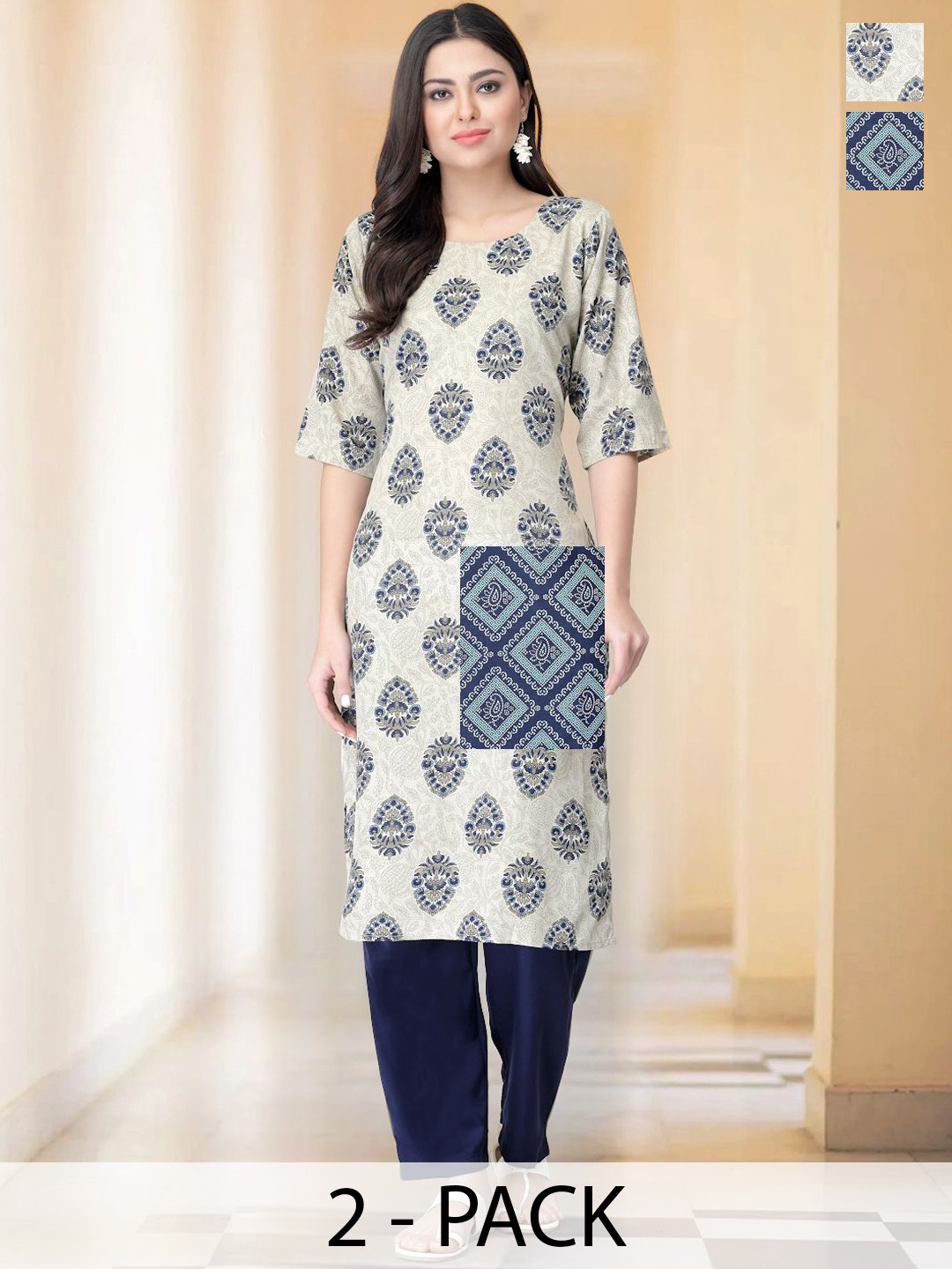 

7Threads Selection Of 2 Ethnic Motifs Printed Round Neck Straight Kurtas With Trousers, Beige