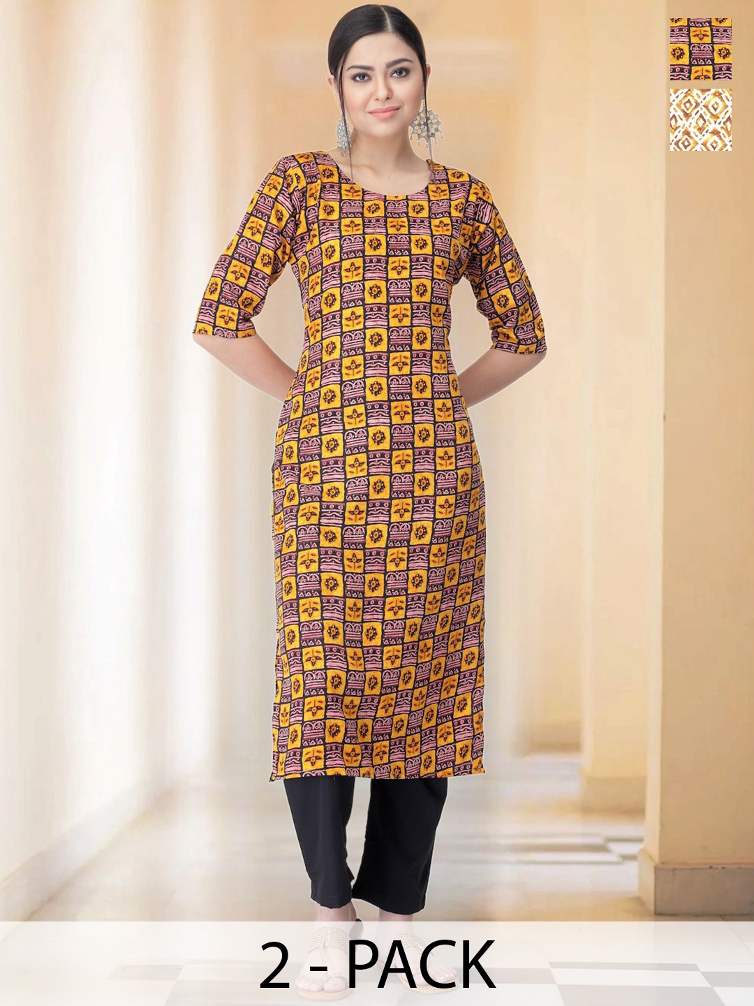 

7Threads Selection Of 2 Geometric Printed Round Neck Straight Kurtas With Trousers, Yellow