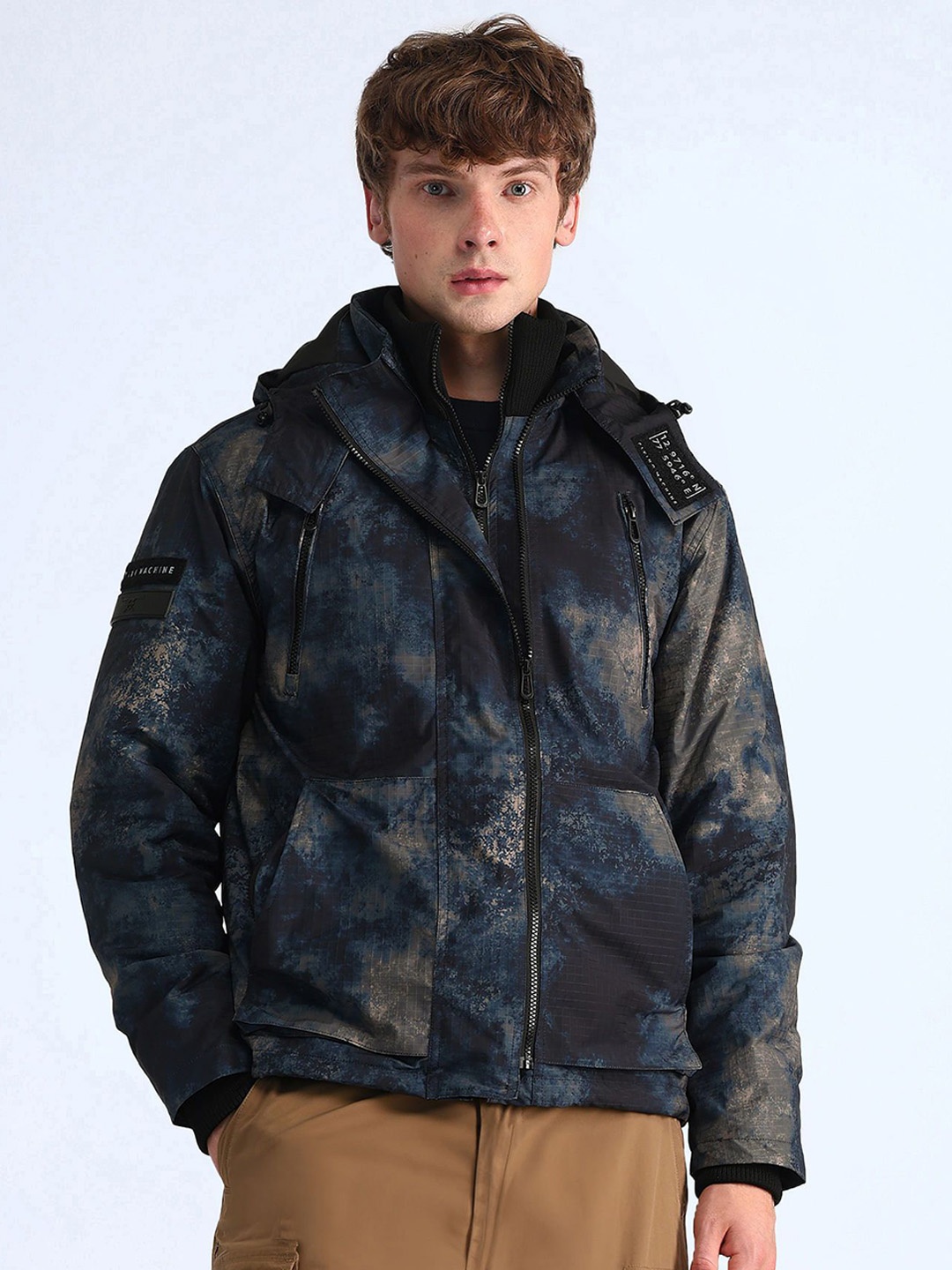 

Flying Machine Men Hooded Abstract Printed Casual Padded Jacket, Navy blue