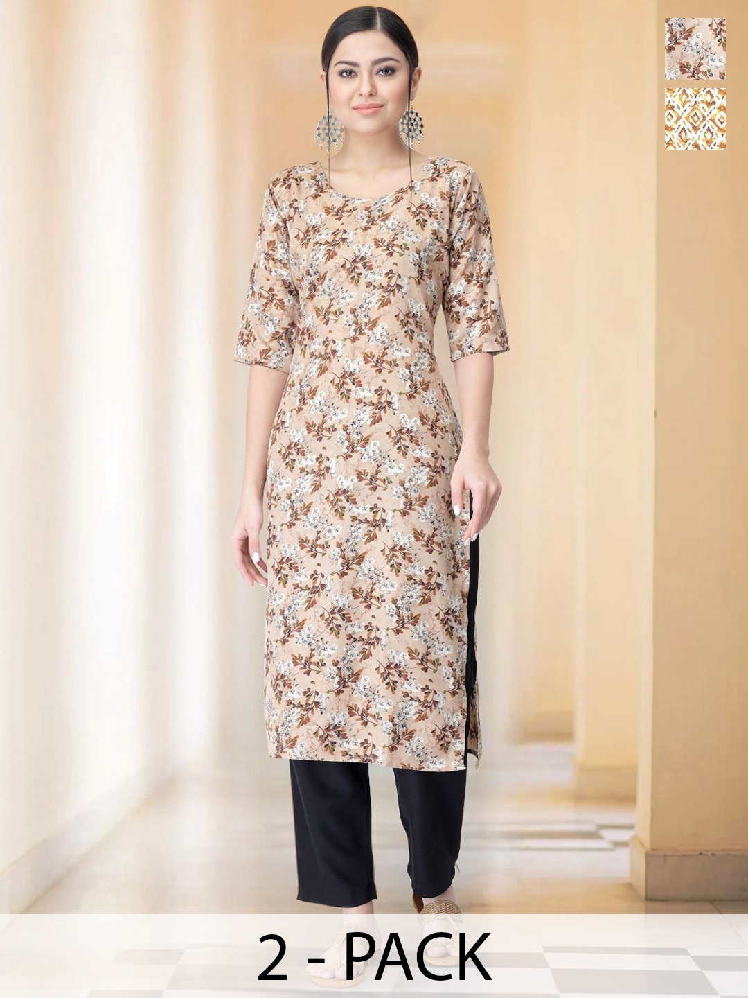 

7Threads Selection Of 2 Floral Printed Round Neck Straight Kurtas With Trousers, Beige