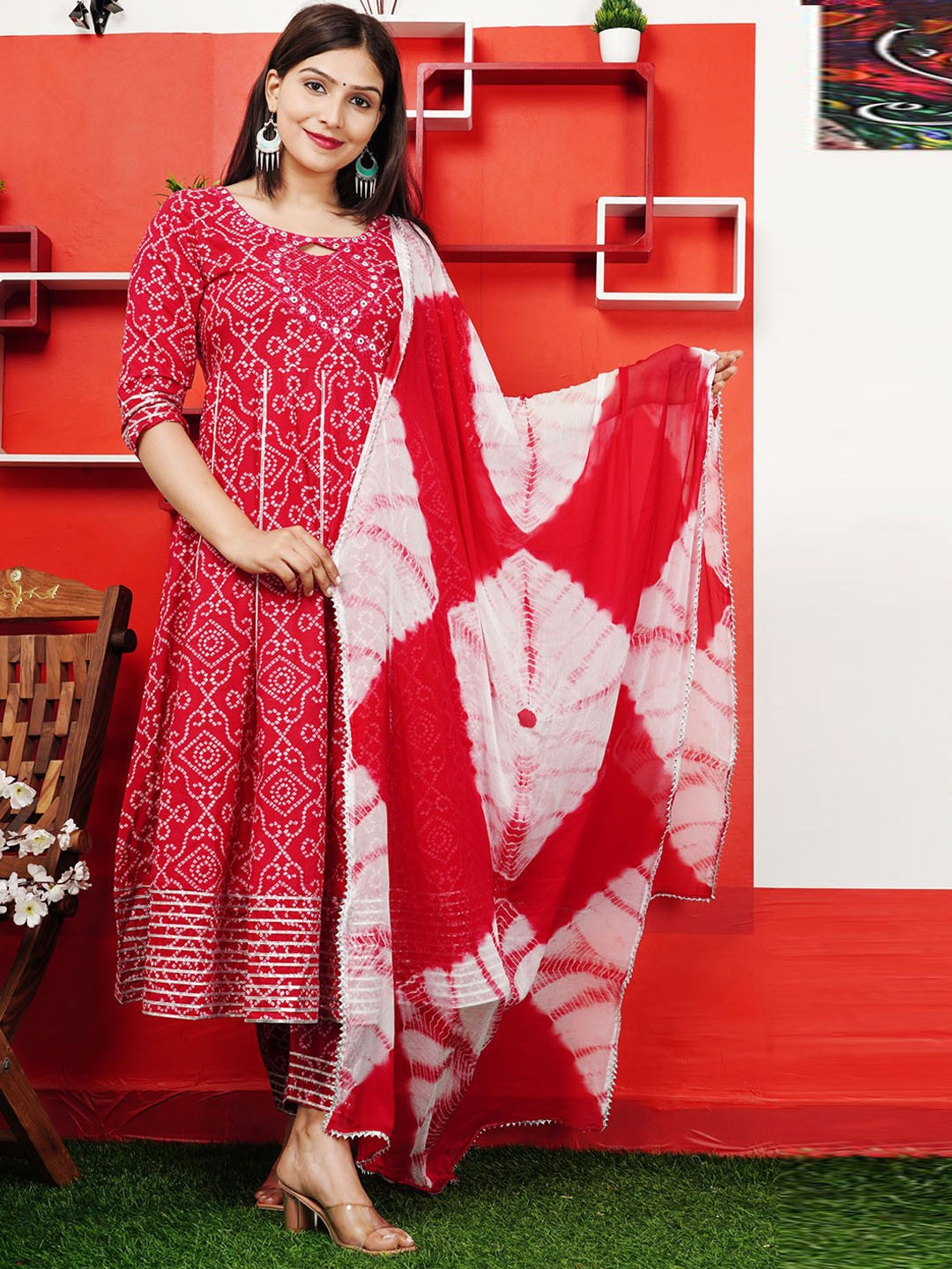 

L.H HANDICRAFTS Bandhani Printed Mirror Work Pure Cotton Kurta With Trouser And Dupatta, Maroon