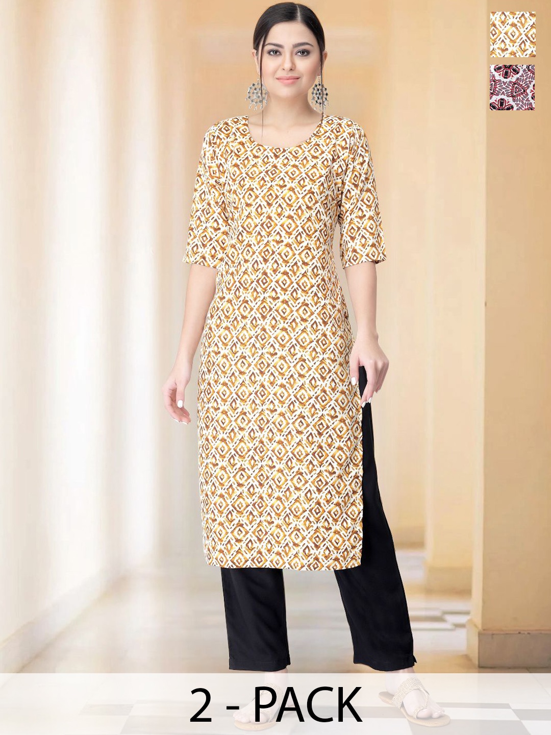 

7Threads Selection Of 2 Ethnic Motifs Printed Round Neck Straight Kurta With Trousers, Yellow