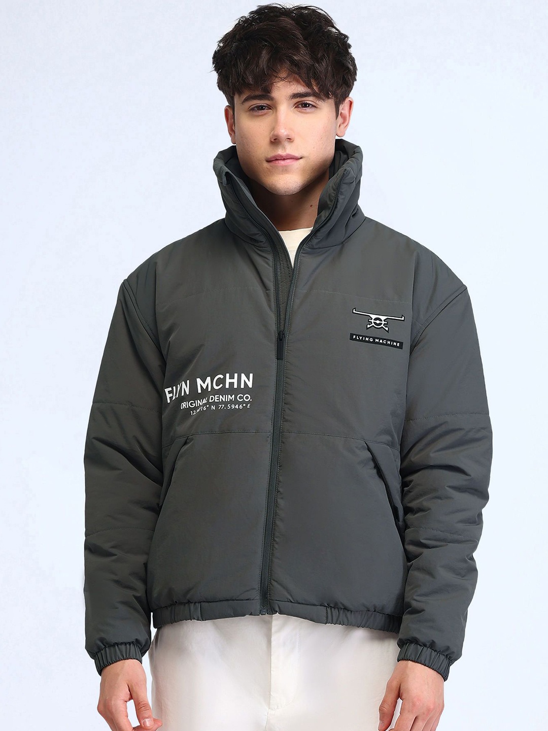 

Flying Machine Men Mock Collar Typography Printed Casual Padded Jacket, Grey
