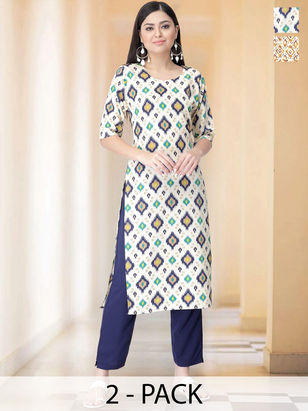 

7Threads Selection Of 2 Ethnic Motifs Printed Round Neck Straight Kurtas With Trousers, White