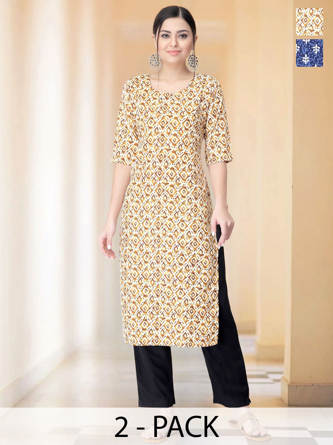

7Threads Selection of 2 Ethnic Motifs Printed Round Neck Straight Kurtas With Trousers, Brown