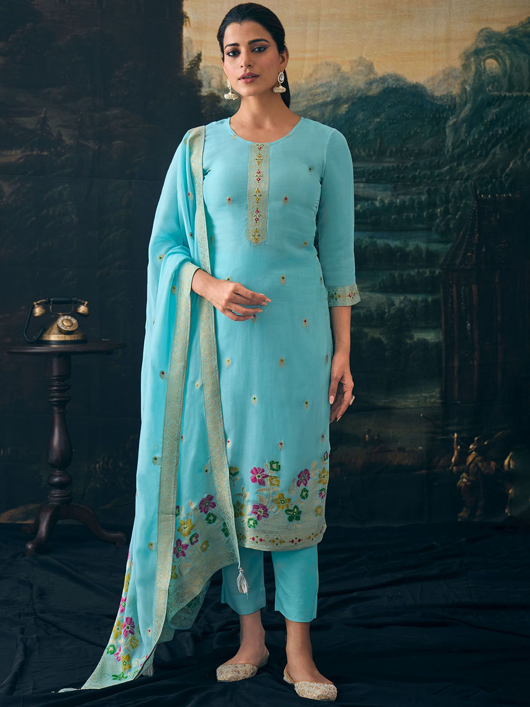 

Label Khoj Floral Embroidered Straight Silk Georgette Kurta With Trouser And Dupatta, Blue