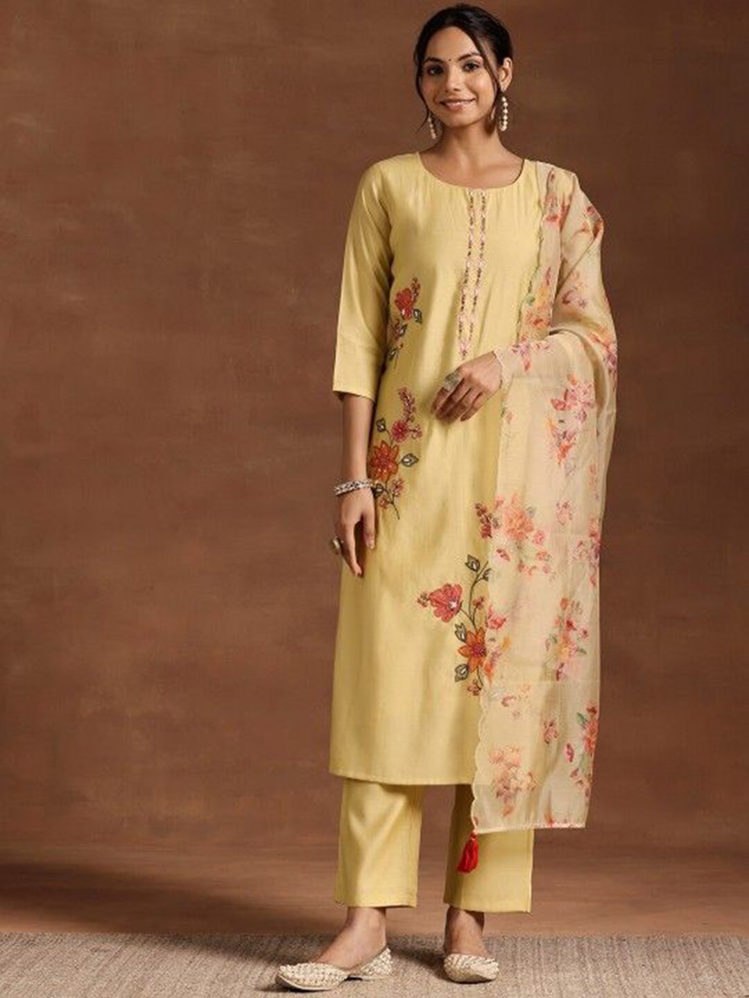 

Label Khoj Floral Embroidered Pure Silk Kurta With Trouser And Dupatta, Yellow