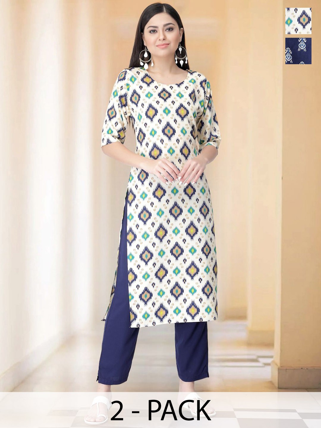 

7Threads Selection Of 2 Ethnic Motifs Printed Straight Kurtas With Trousers, Beige