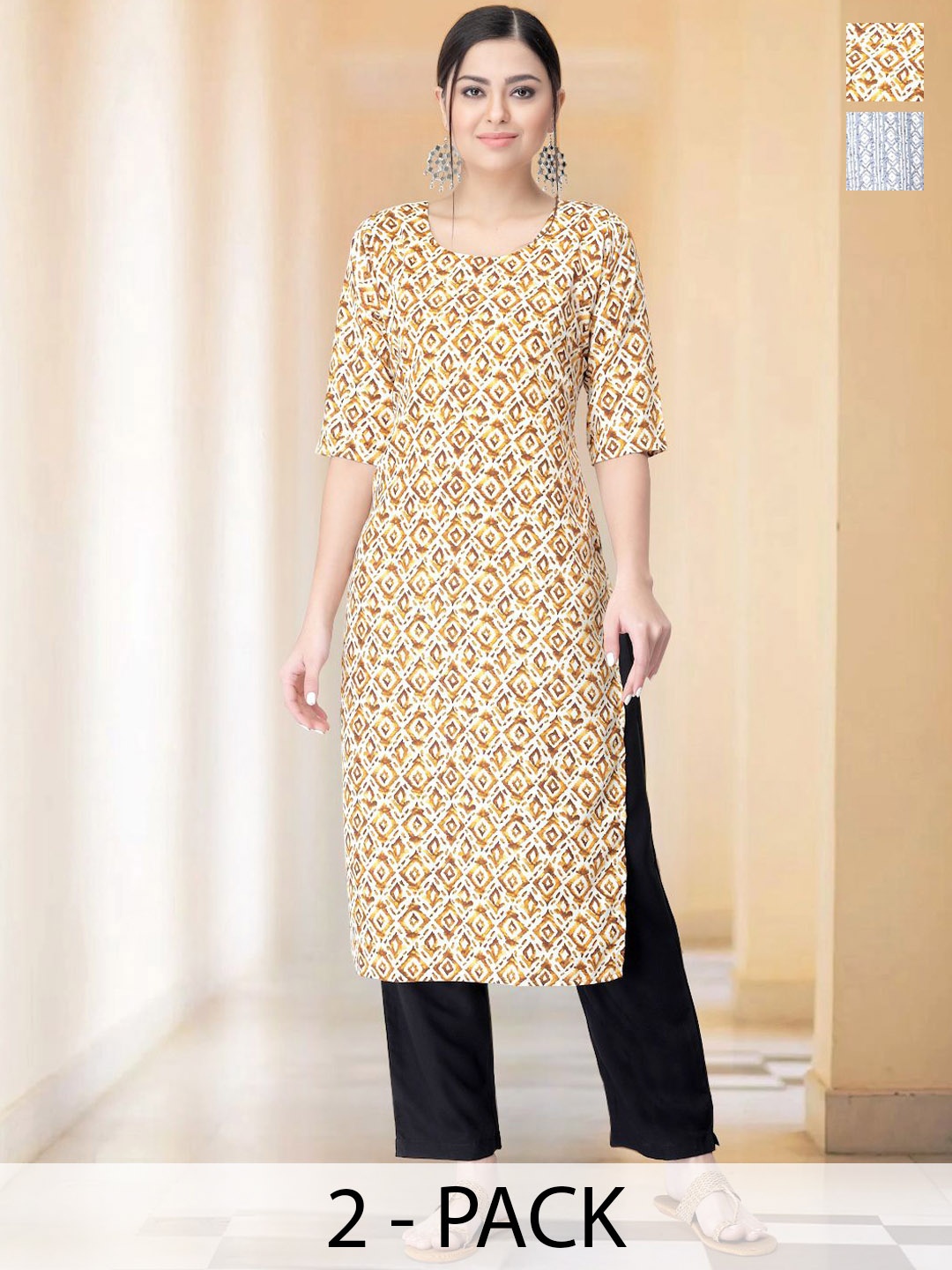 

7Threads Selection Of 2 Geometric Printed Round Neck Straight Kurtas With Trousers, White