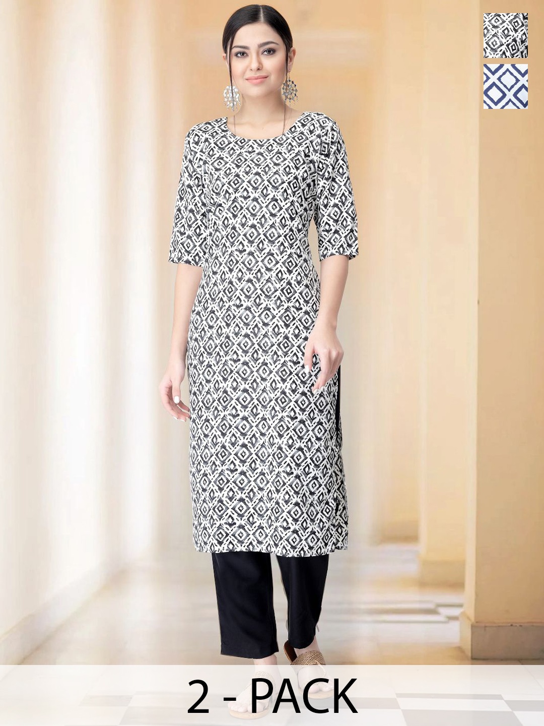 

7Threads Selection of 2 Geometric Printed Round Neck Straight Kurtas With Trousers, White