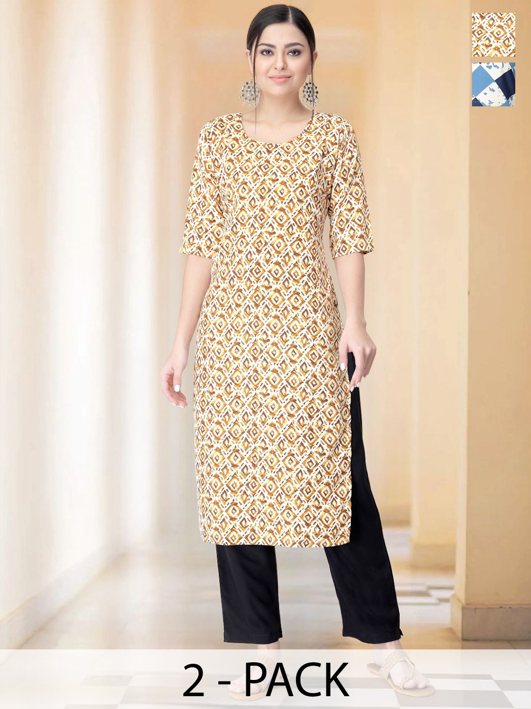 

7Threads Selection Of 2 Ethnic Motifs Printed Round Neck Straight kurta With Trousers, Brown