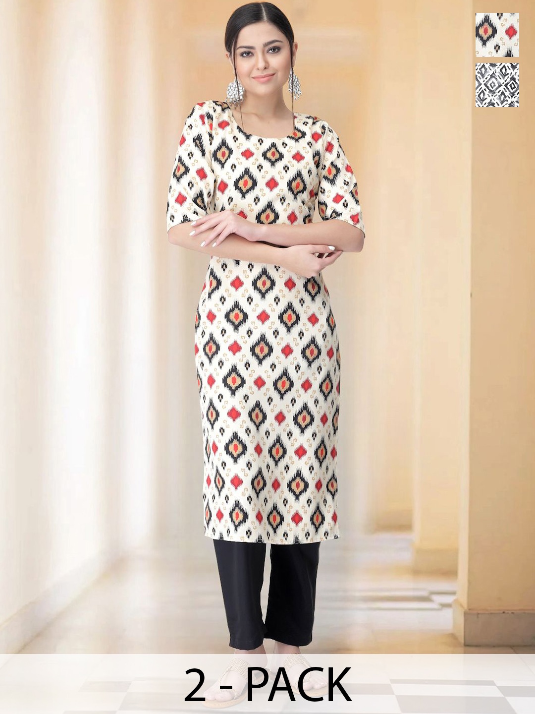 

7Threads Selection Of 2 Ethnic Motifs Printed Round Neck Straight Kurtas With Trousers, White