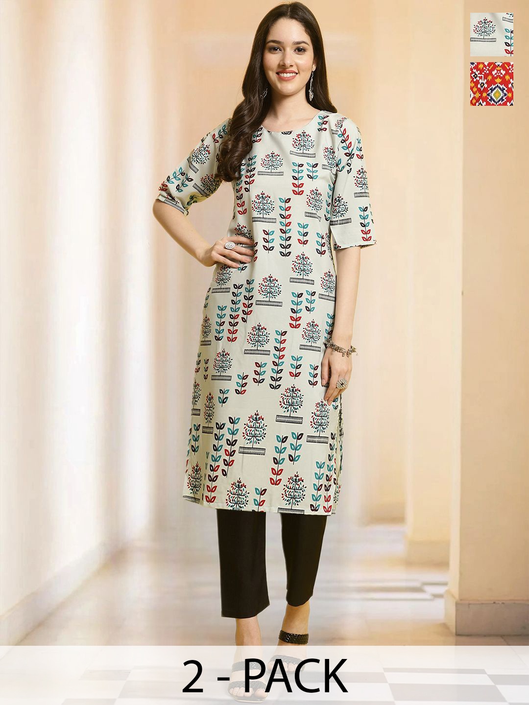 

7Threads Selection Of 2 Floral Printed Round Neck Straight Kurtas With Trousers, Blue